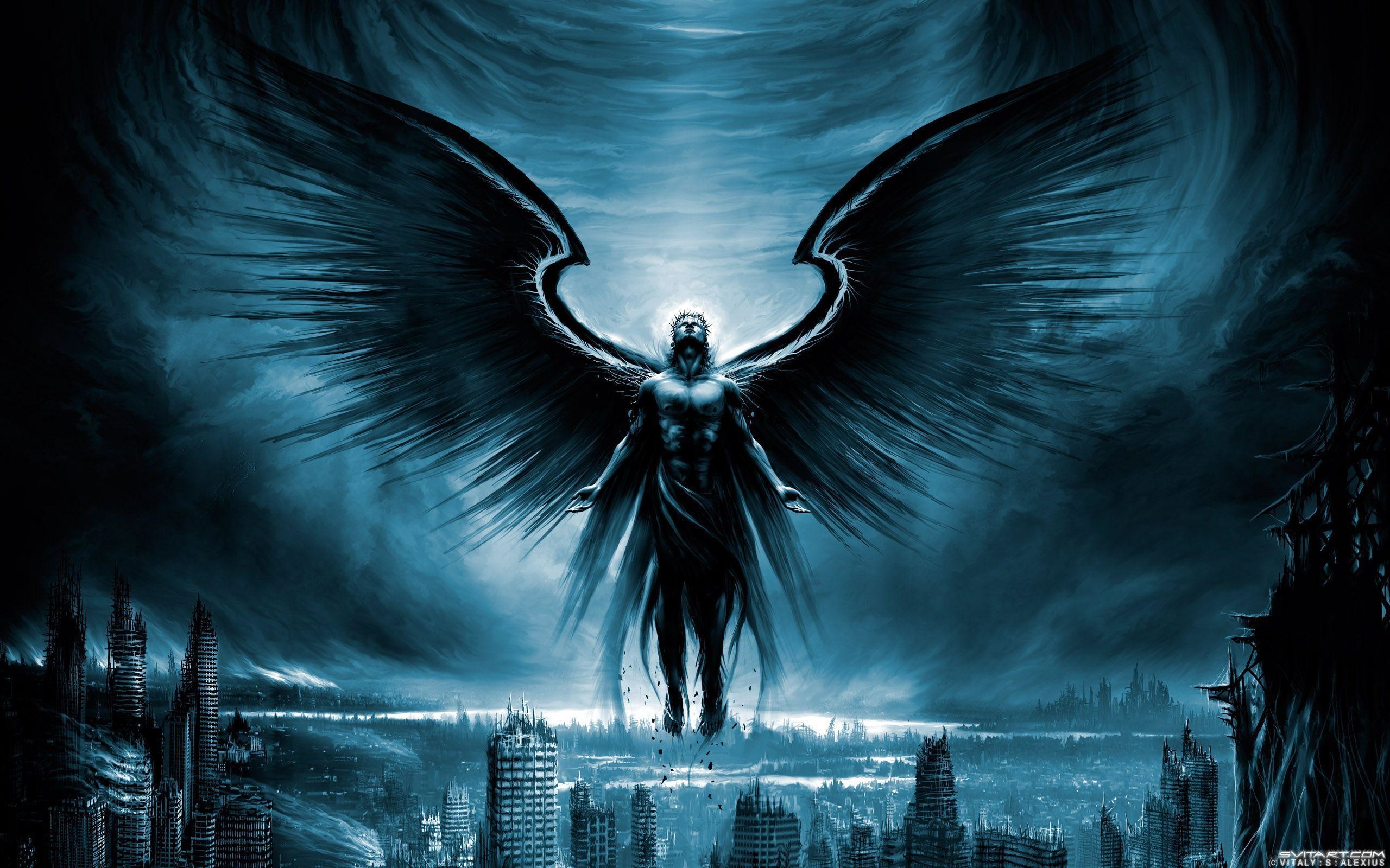 Angelo oscuro, Ali nere, Città, Blu, Arte fantasy, 2K, sfondo per portatile
