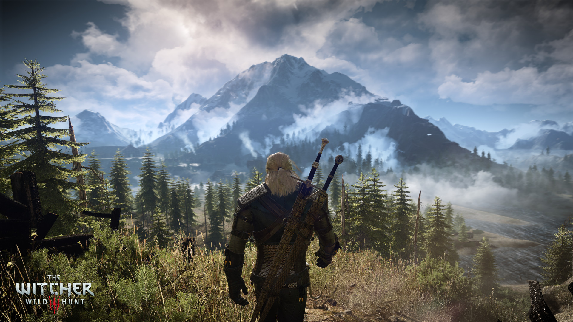 Geralt di Rivia, The Witcher 3: Wild Hunt, Montagne, Foresta, Full HD, sfondo per PC e portatile
