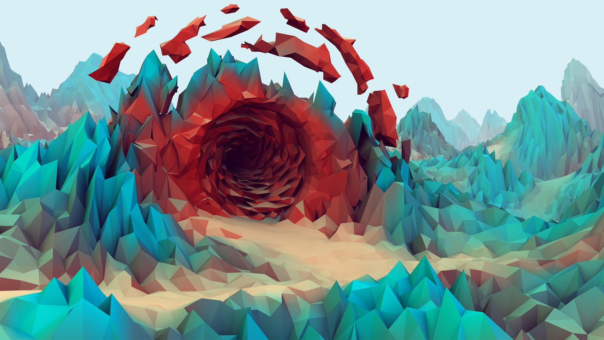 Low poly, Paesaggio, Vortice, Rosso e turchese, Full HD 1080p, sfondo desktop