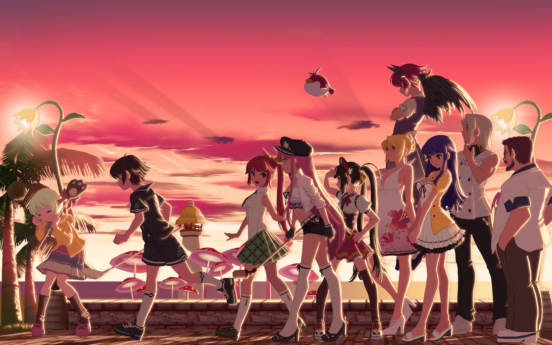 Personaggi anime, Gruppo, Tramonto, Cielo rosa, 1920x1200, immagine di sfondo