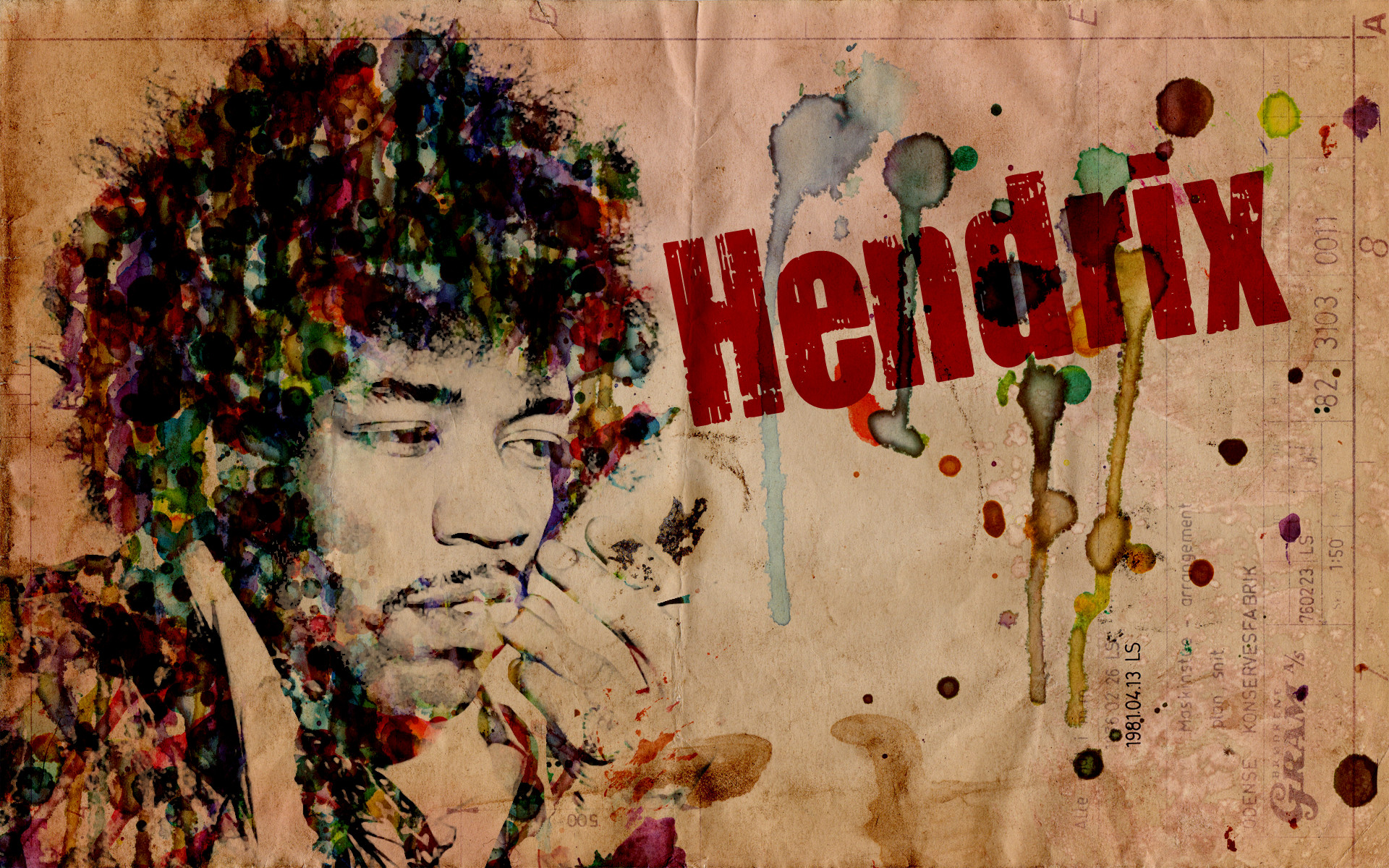 Jimi Hendrix, Ritratto, Acquerello, Scritta Hendrix, Stile grunge, Carta invecchiata, wallpaper Full HD
