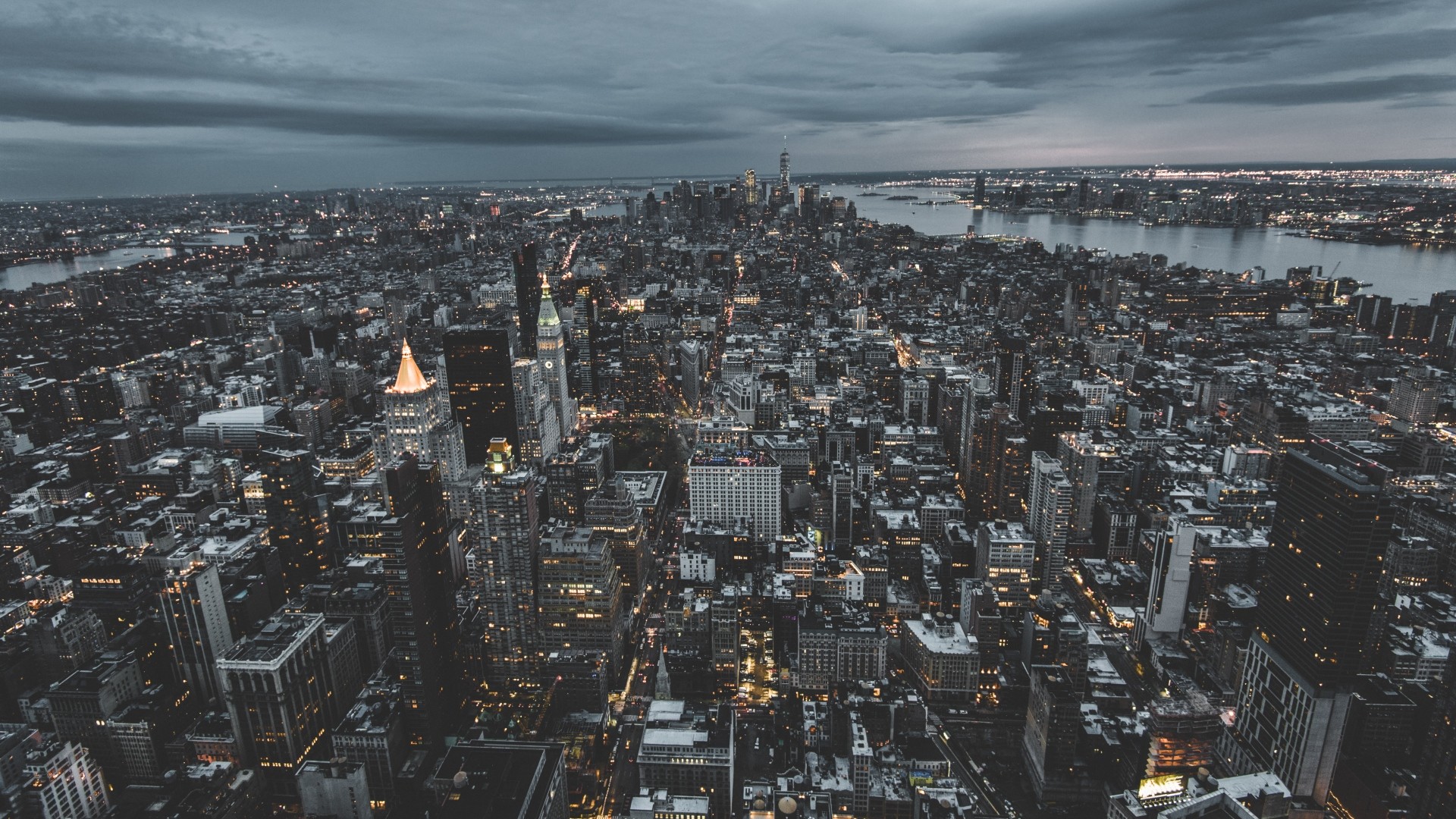 Manhattan, Vista aerea, Crepuscolo, Luci della città, Full HD 1080p, sfondo desktop
