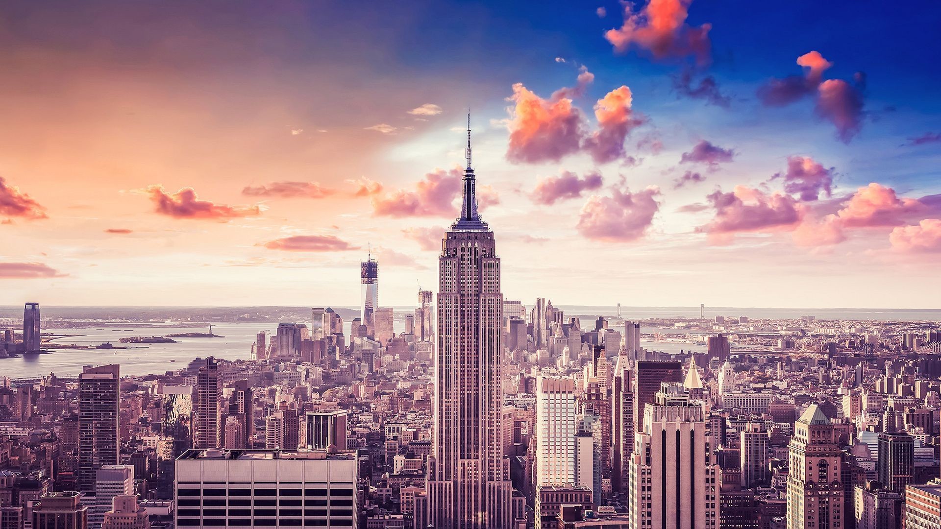 Empire State Building, Manhattan, Nuvole rosa, Tramonto, Full HD 1080p, sfondo desktop