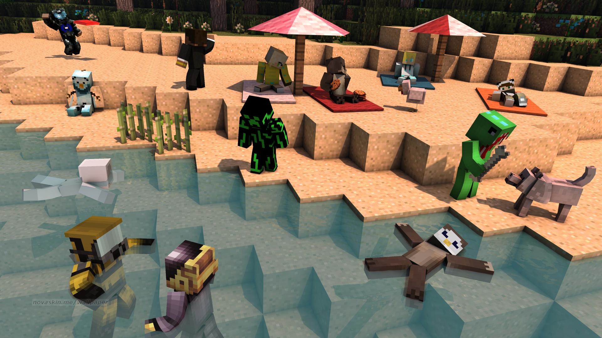 Minecraft, Novaskin, Spiaggia, Ombrellone, Lupo, Full HD, sfondo desktop