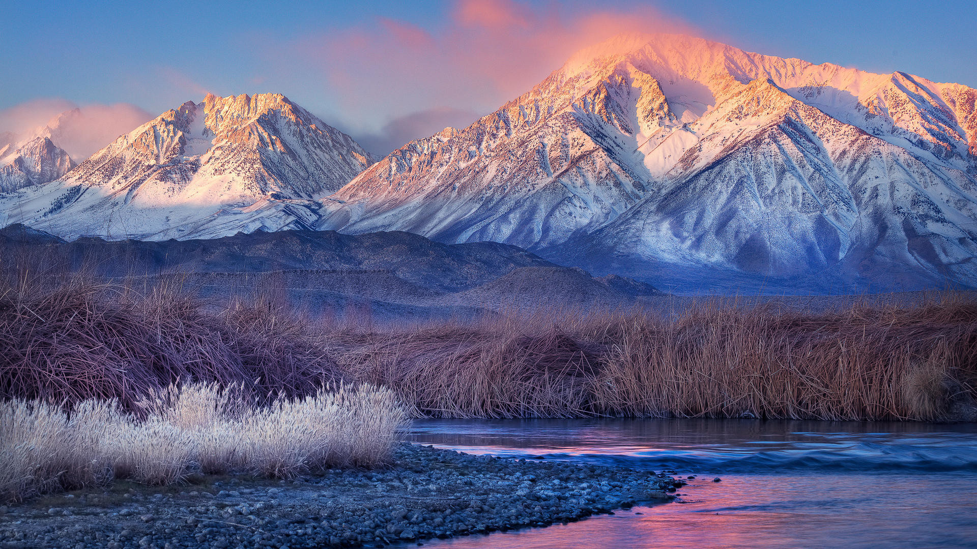 Montagne innevate, Alba, Fiume, Brina, sfondo per il tuo desktop