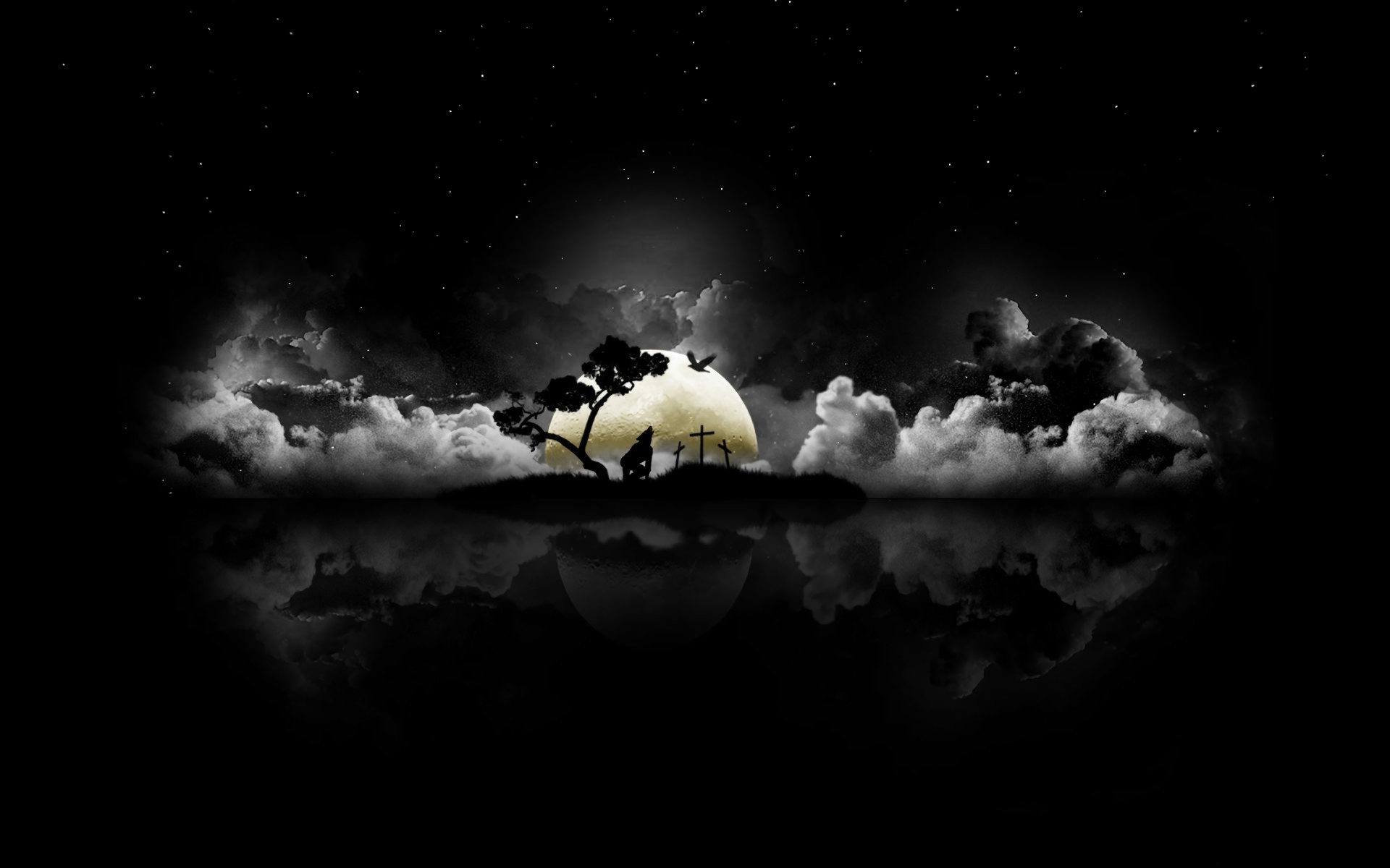 Luna, Nuvole, Silhouette, Sfondo nero, 1920x1200, wallpaper desktop