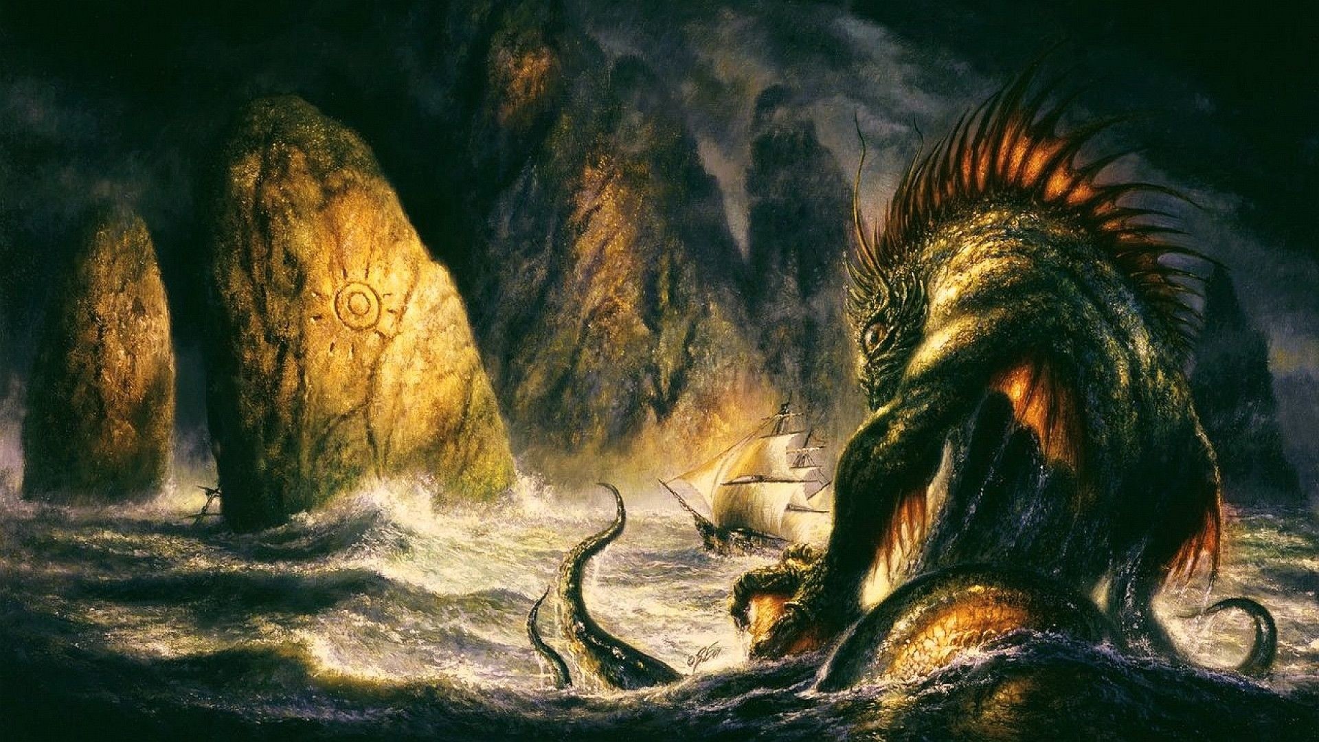 Dagon, H. P. Lovecraft, Tentacoli, Nave, Tempesta, Full HD 1080p, sfondo desktop