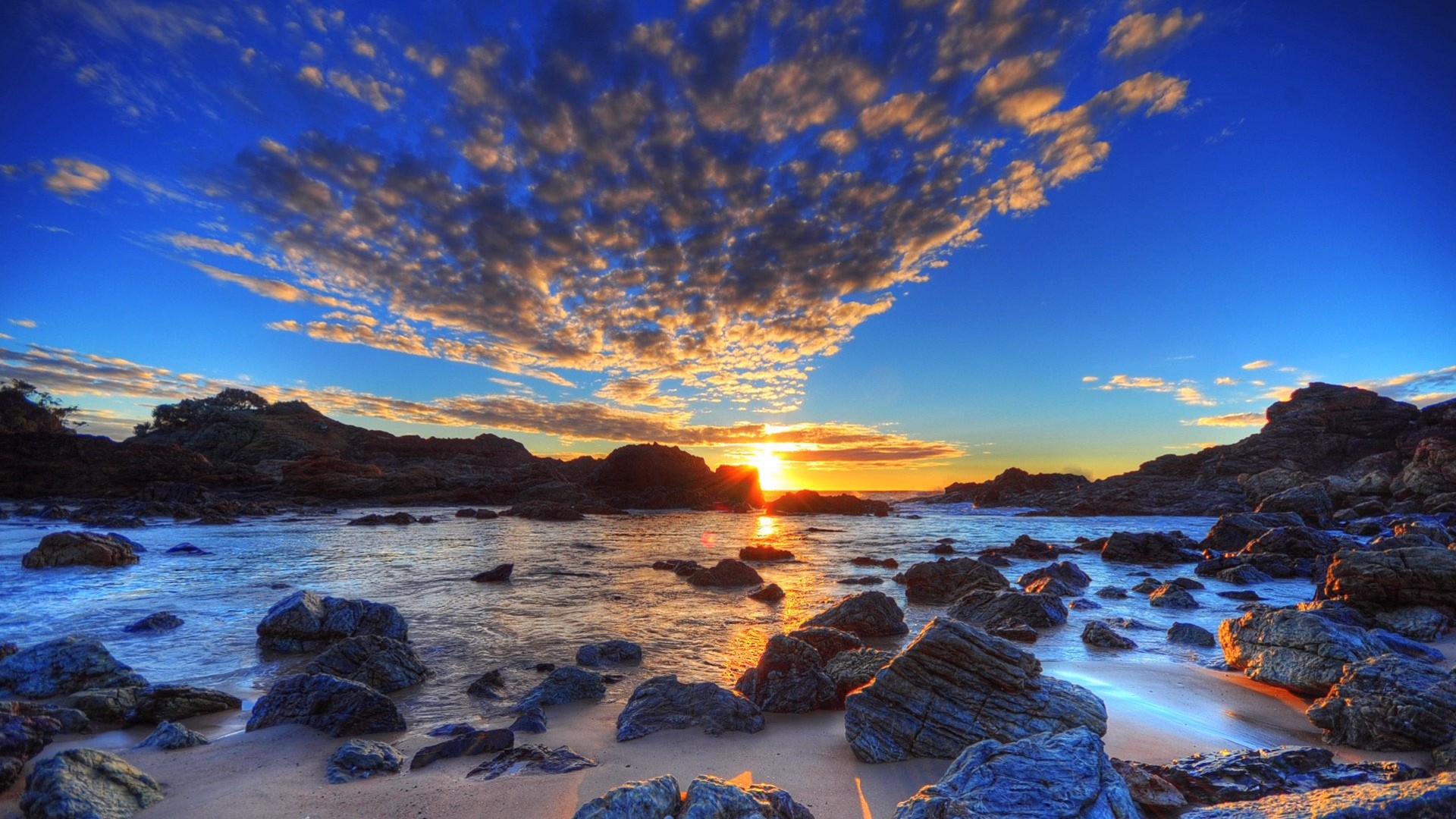 Tramonto, Scogli, Costa, Nuvole, HDR, Full HD, sfondo desktop