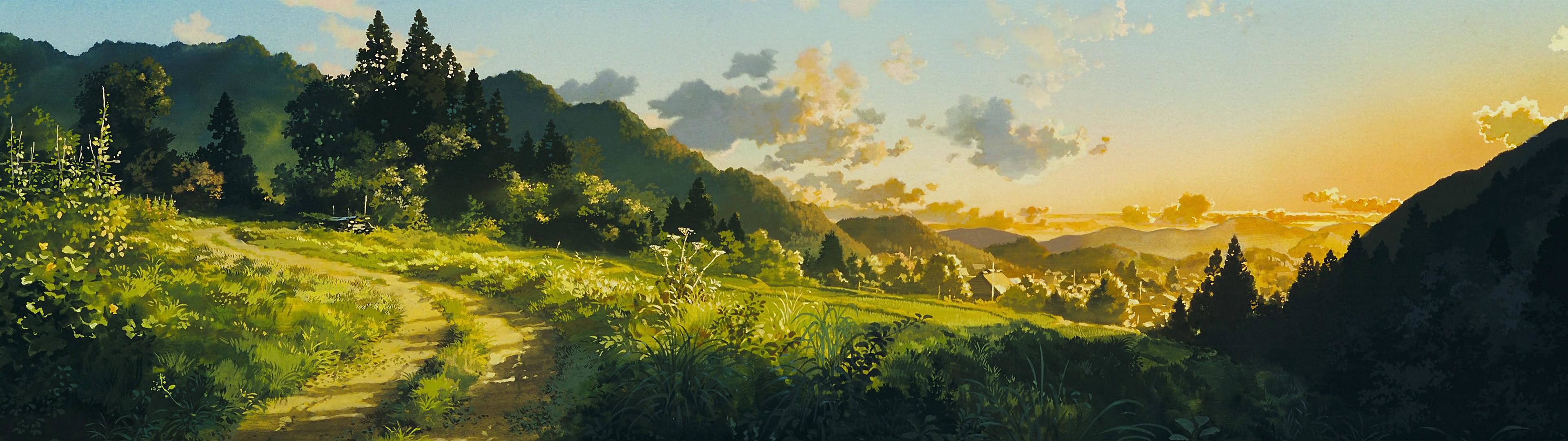 Prato, Colline, Sentiero, Alba, Pittura digitale, Full HD, wallpaper per computer