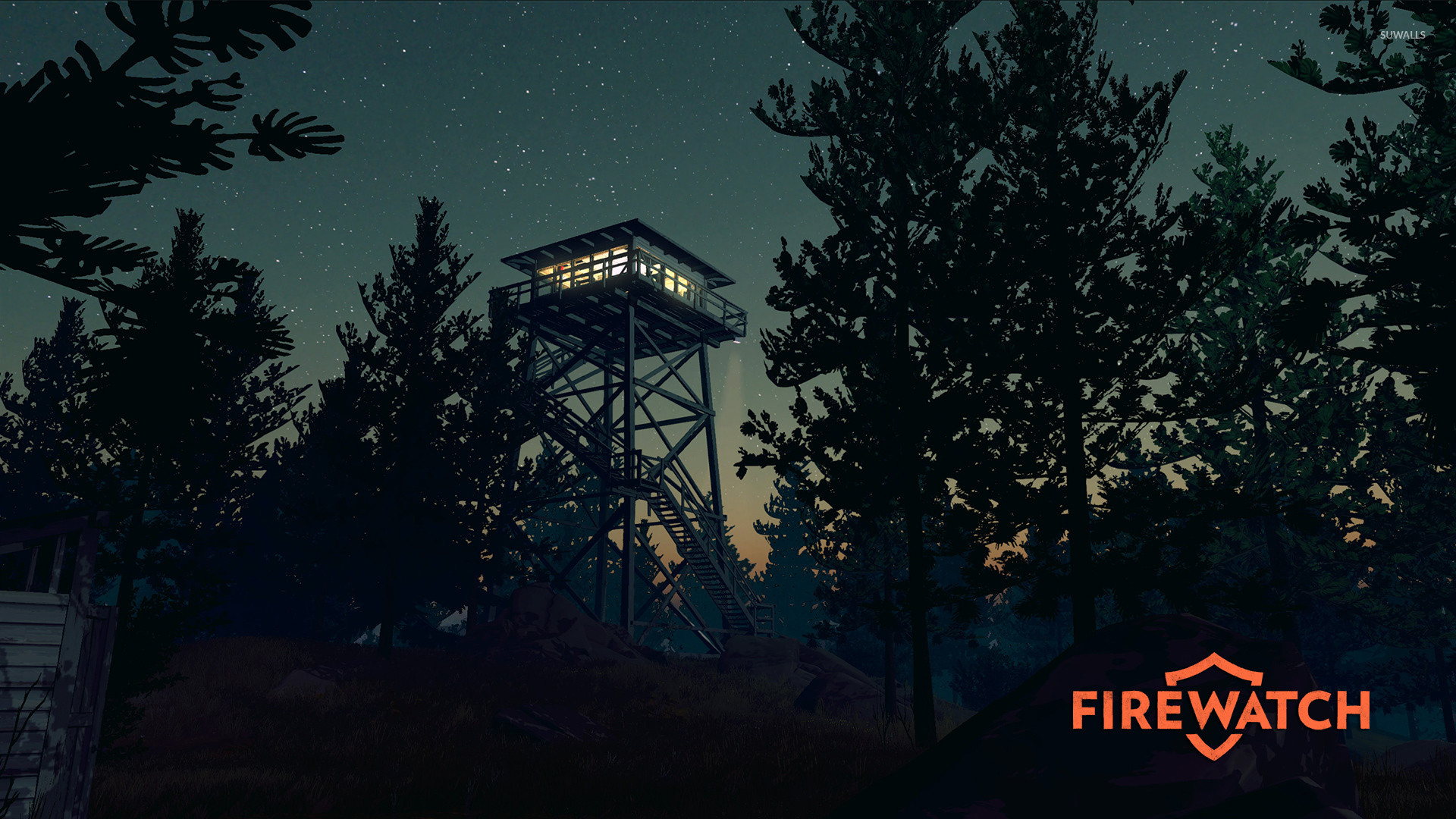 Firewatch, Logo, Torre di avvistamento, Notte, 1920x1080, immagine di sfondo