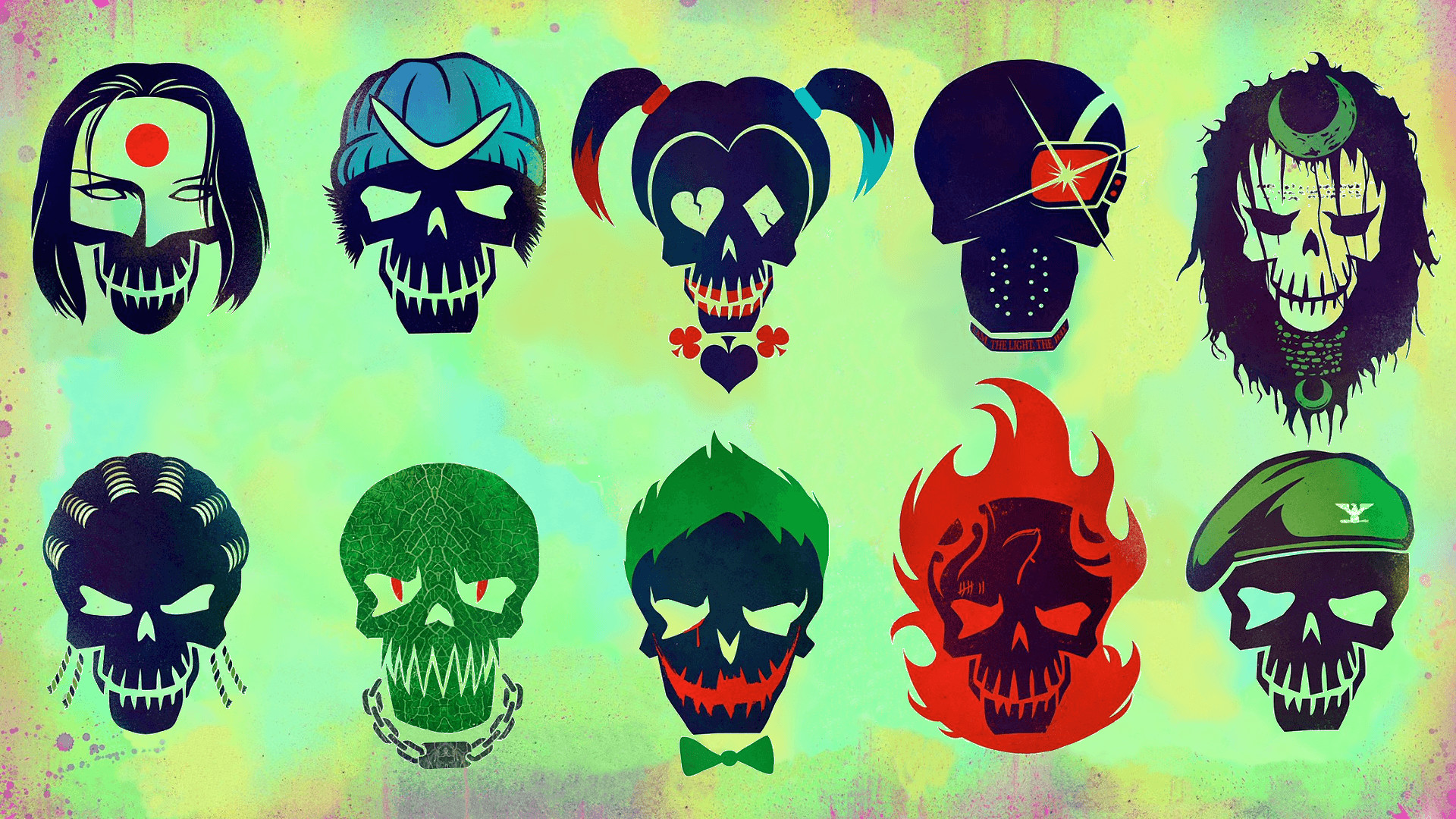 Suicide Squad, Teschi dei personaggi, Harley Quinn, Enchantress, sfondo 16:9 Full HD
