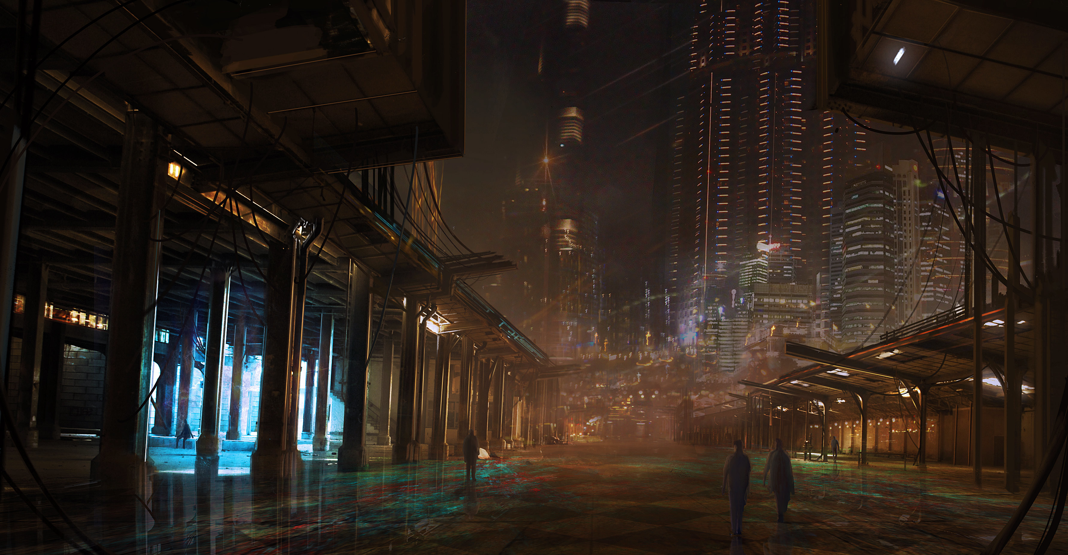 Strada cyberpunk, Notte, Luci arancioni, Silhouette, 2K, sfondo per PC e portatile