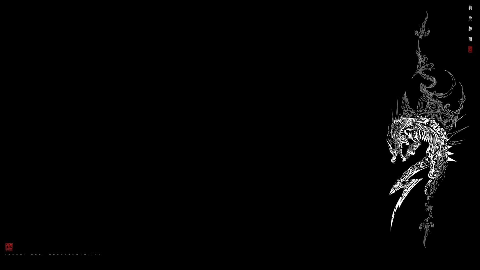 Drago cinese, Sfondo nero, Minimalista, Full HD, wallpaper per portatile