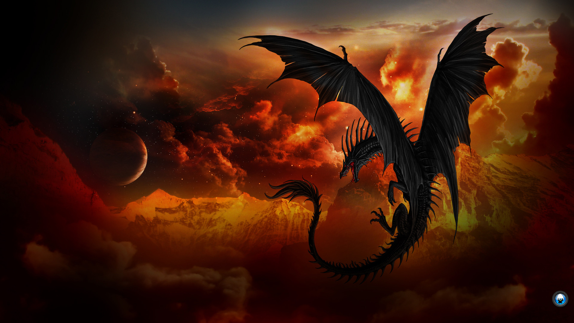 Drago nero, Cielo infuocato, Luna, Silhouette, Full HD 1080p, sfondo desktop