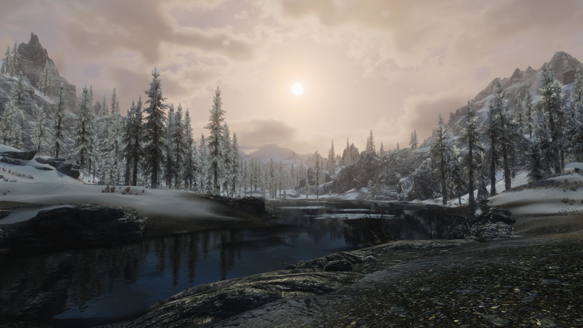 The Elder Scrolls V: Skyrim, Fiume, Abeti, Neve, Nebbia, Full HD 1080p, sfondo desktop