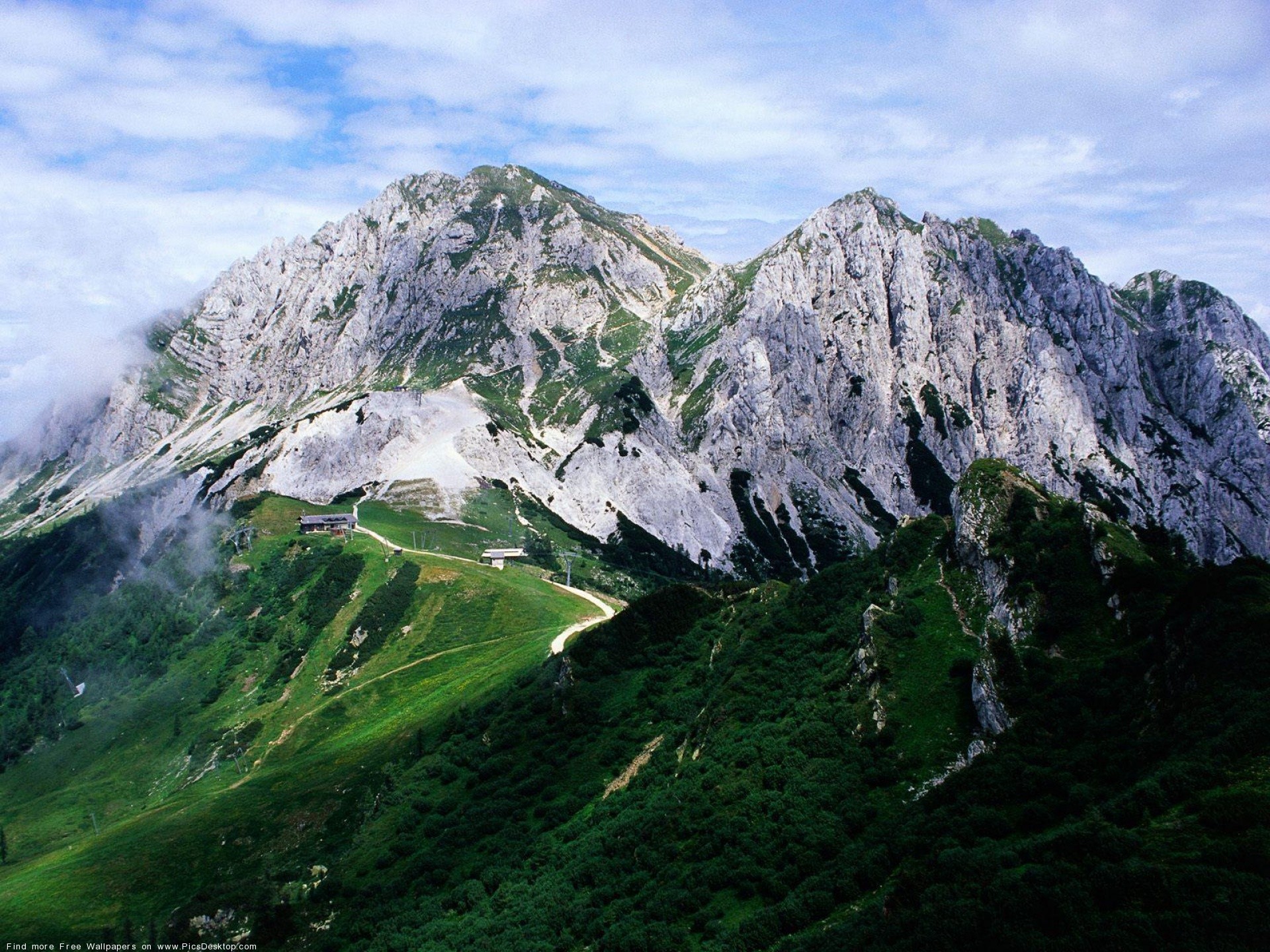Alpi, Picchi rocciosi, Prati verdi, Nuvole, Full HD, wallpaper per tablet