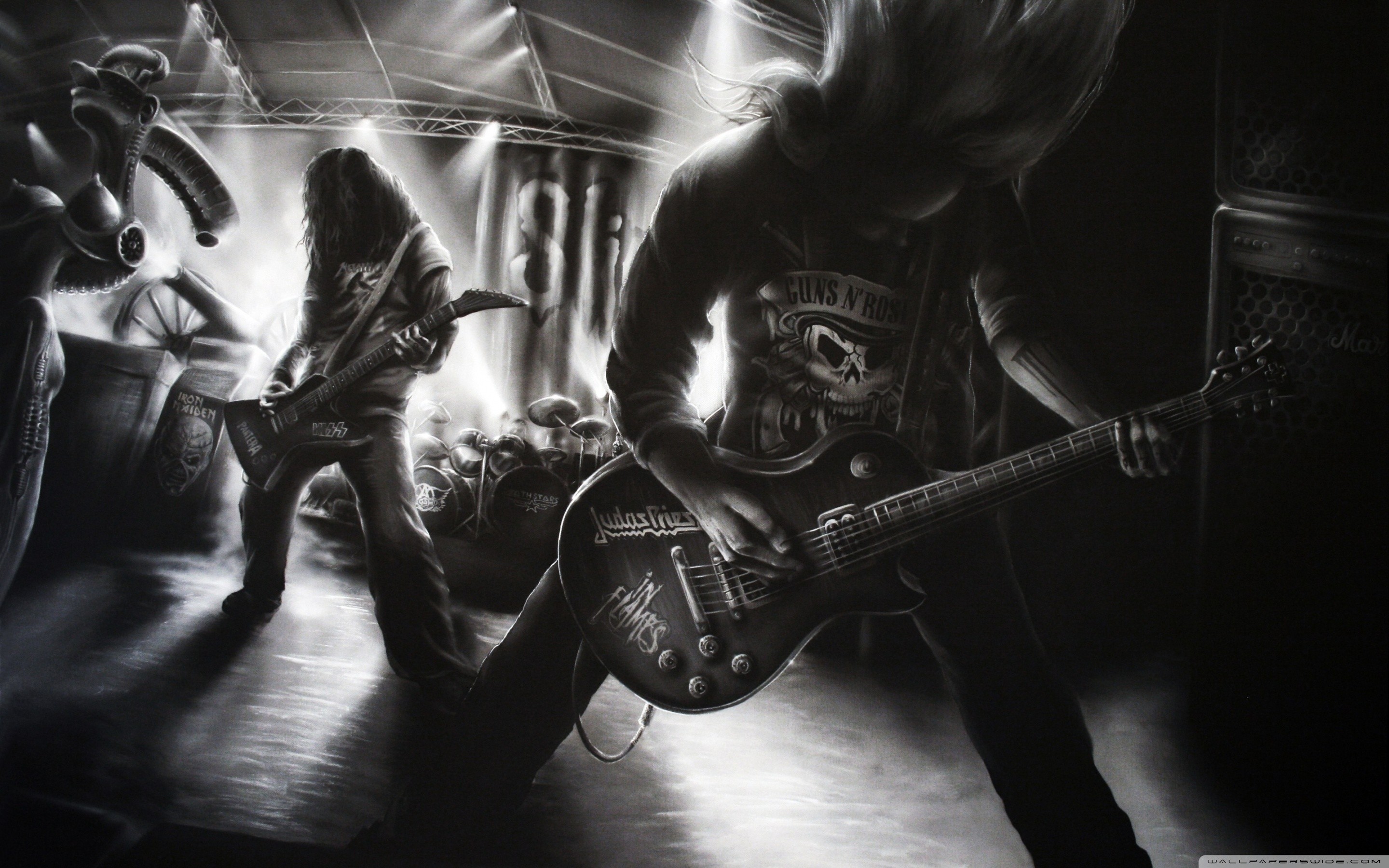 Chitarrista, Concerto, Gibson Les Paul, Bianco e nero, 2880x1800, wallpaper desktop