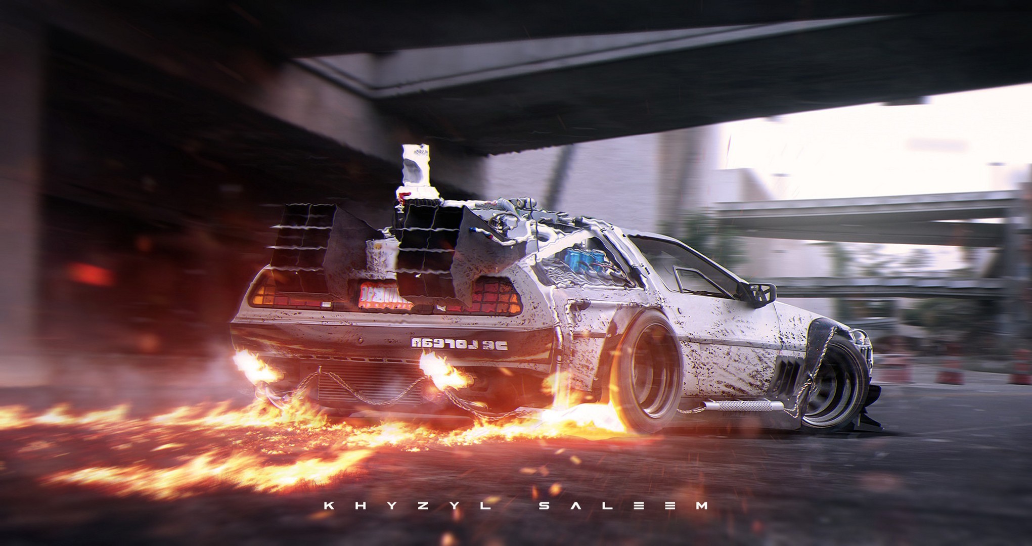 DeLorean DMC-12, Ritorno al futuro, Scie di fuoco, Rendering 3D, sfondo desktop Full HD