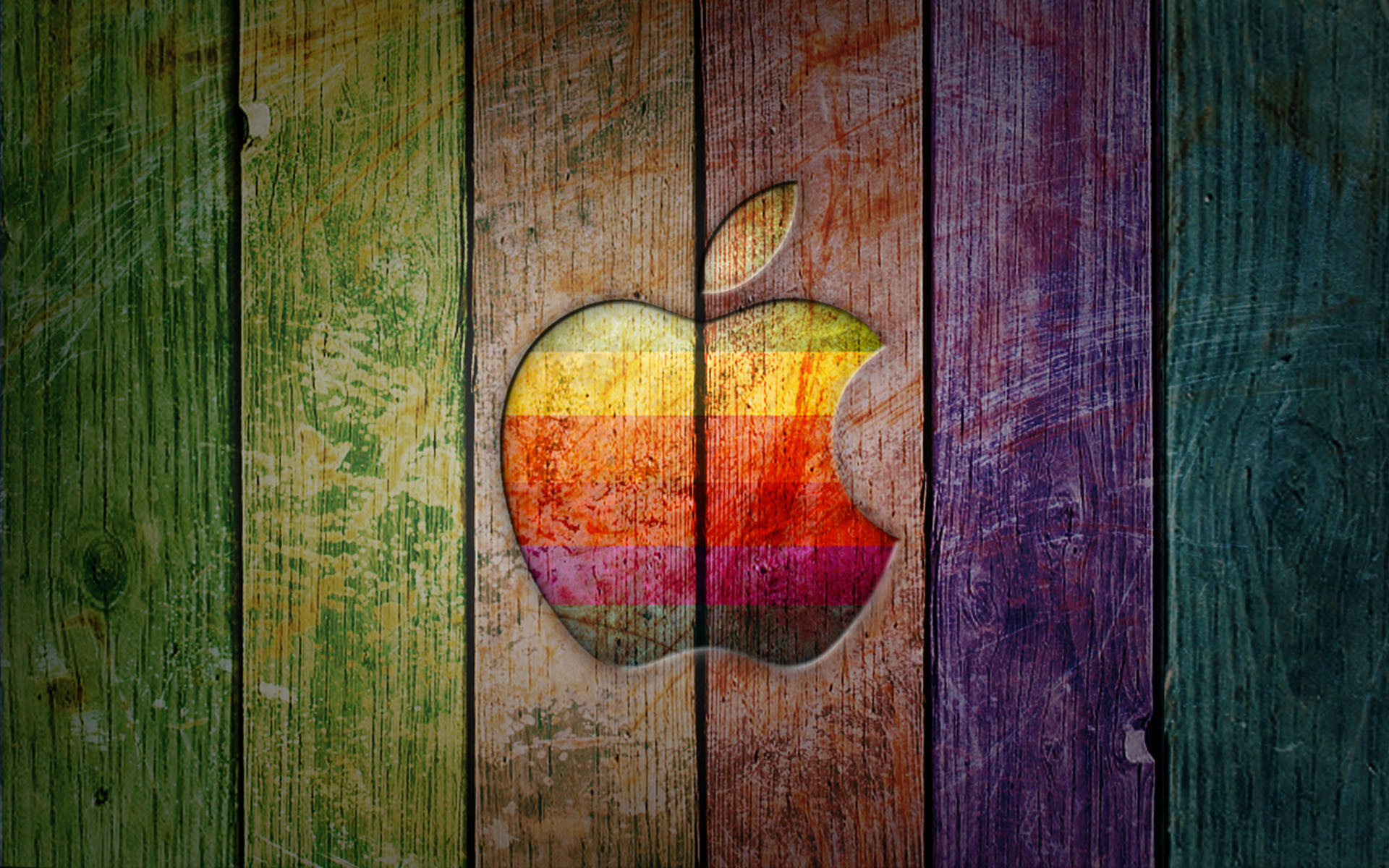 Logo Apple arcobaleno, Legno, Assi colorate, immagine di sfondo Mac