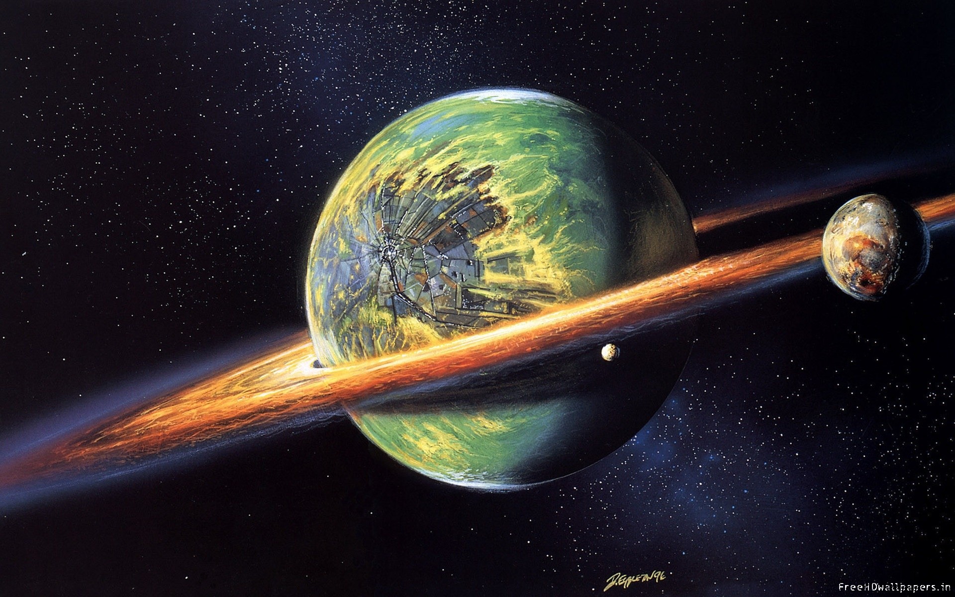 Pianeta, Anelli, Verde, Luna, 16:10 Full HD, wallpaper widescreen