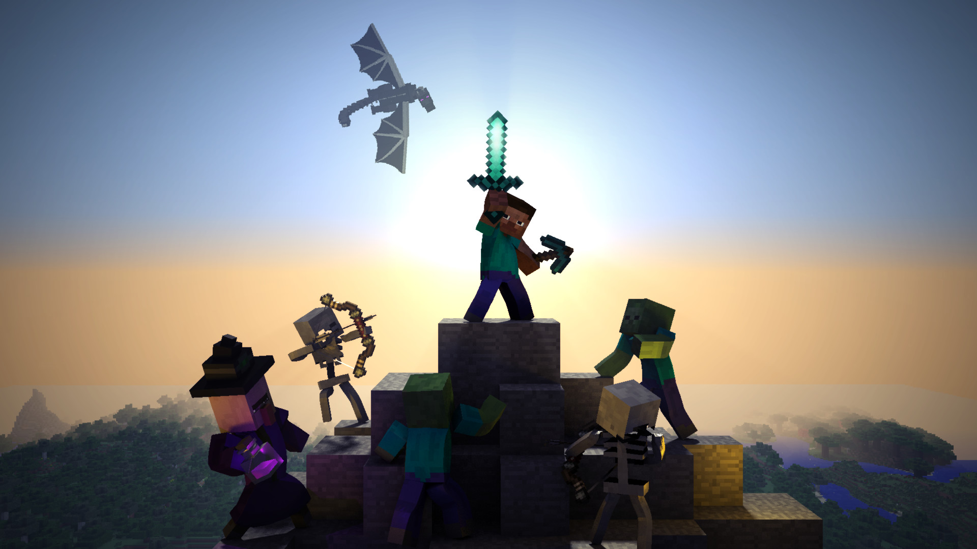 Steve, Ender Dragon, Zombie, Scheletro, Minecraft, Spada di diamante, sfondo 16:9 Full HD