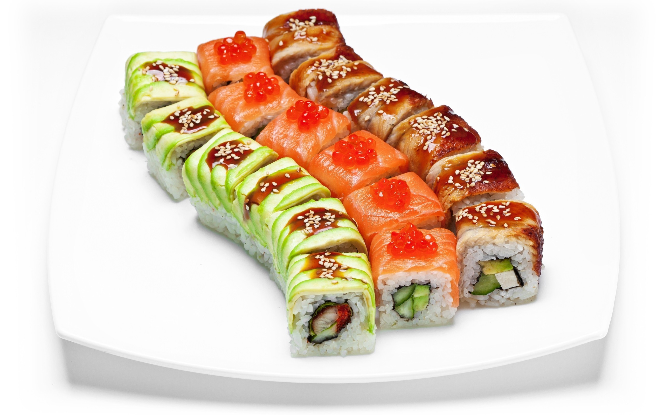 Sushi, Uramaki, Avocado, Salmone, Cucina giapponese, 2K, sfondo desktop