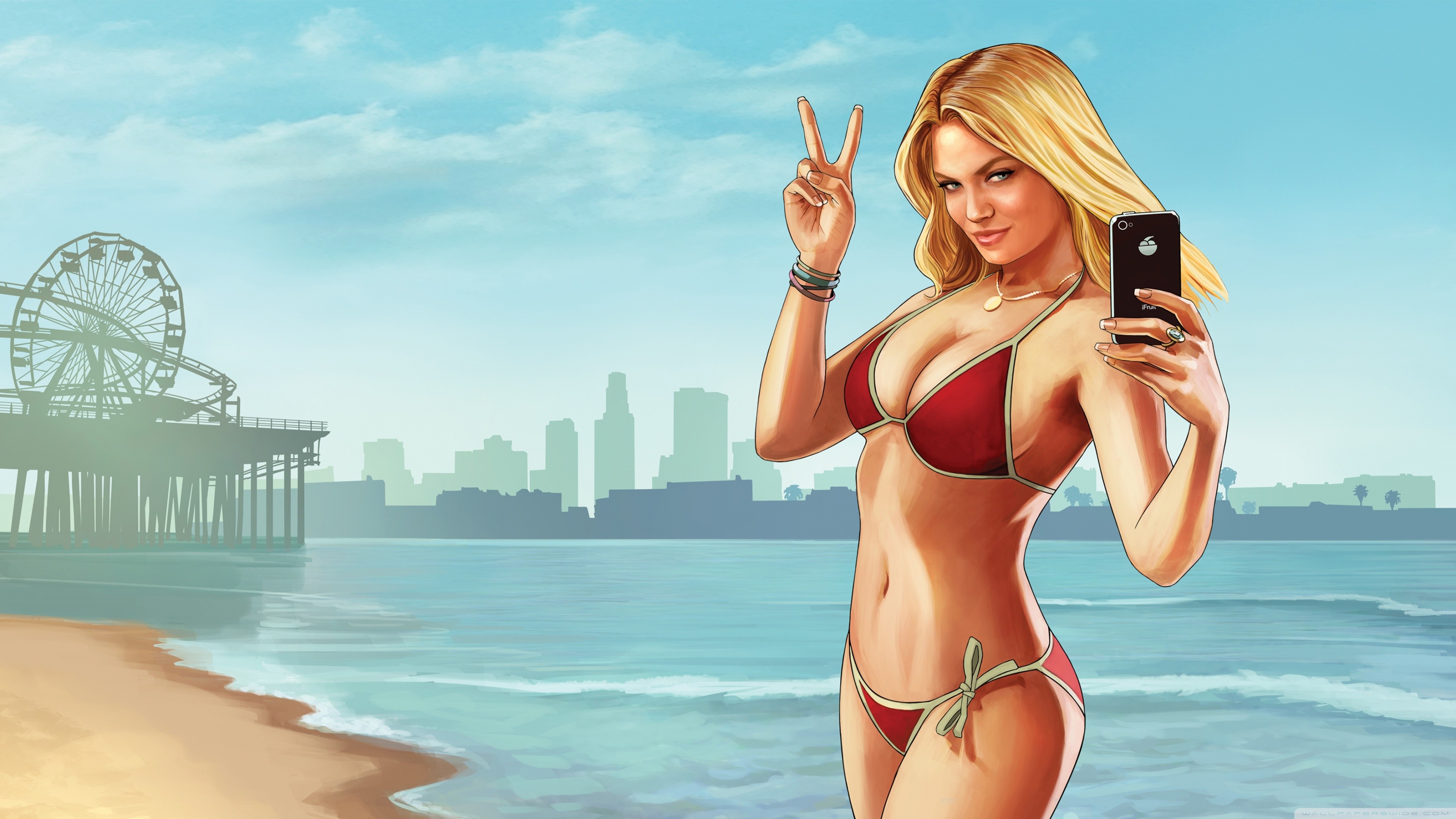 GTA V, Ragazza in bikini, Selfie, Spiaggia, Del Perro Pier, 2K, sfondo Windows 11