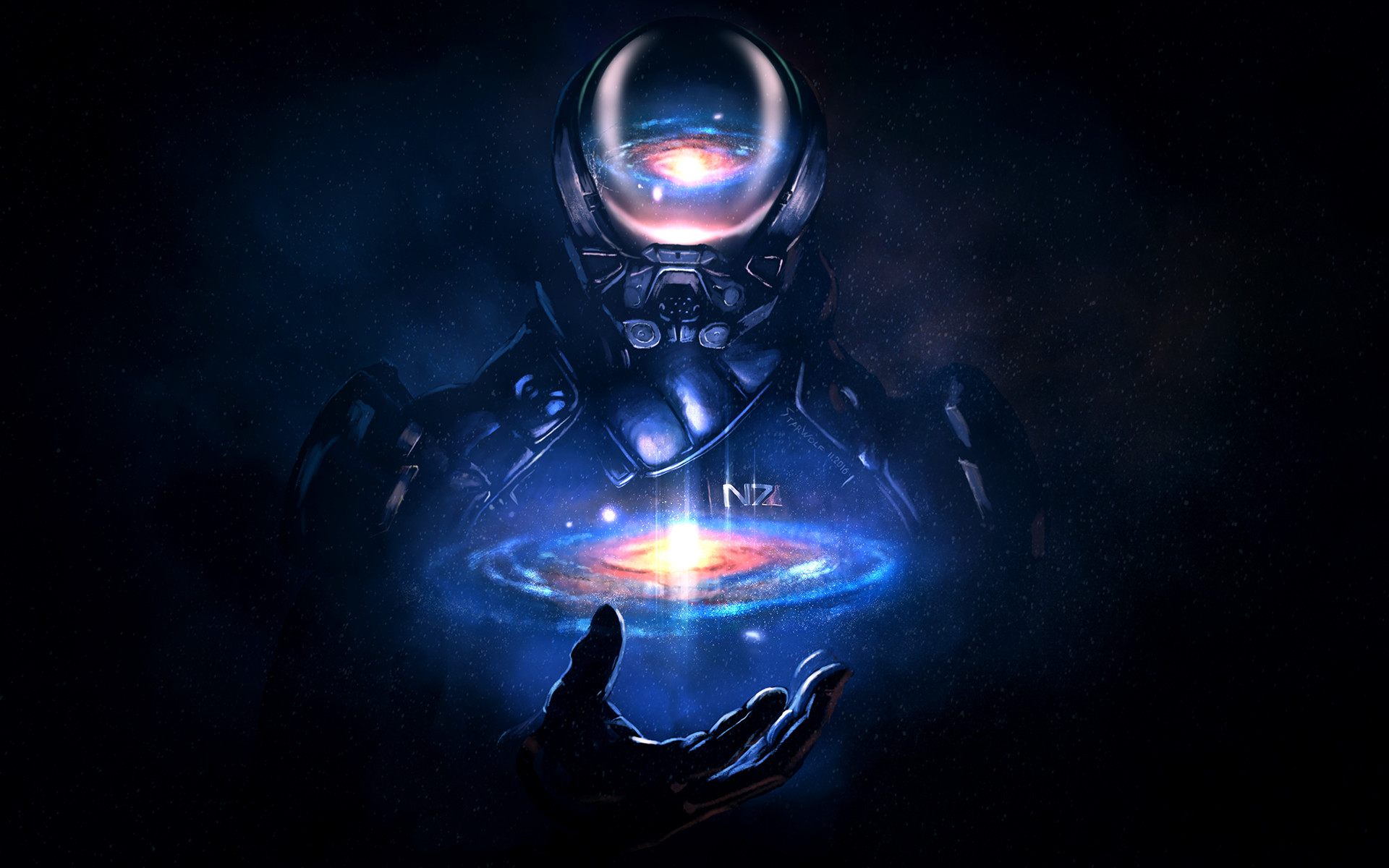 Mass Effect: Andromeda, Casco N7, Galassia, Mano, Spazio, 16:10 Full HD, wallpaper widescreen