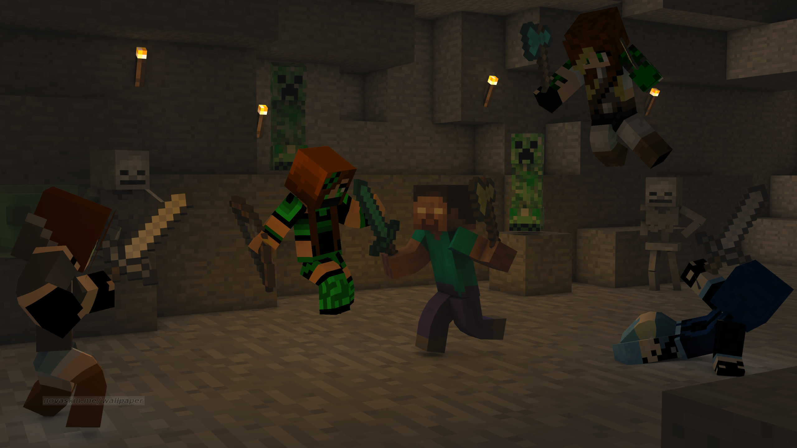 Minecraft, Novaskin, Creeper, Scheletri, Caverna, 2560x1440, immagine di sfondo