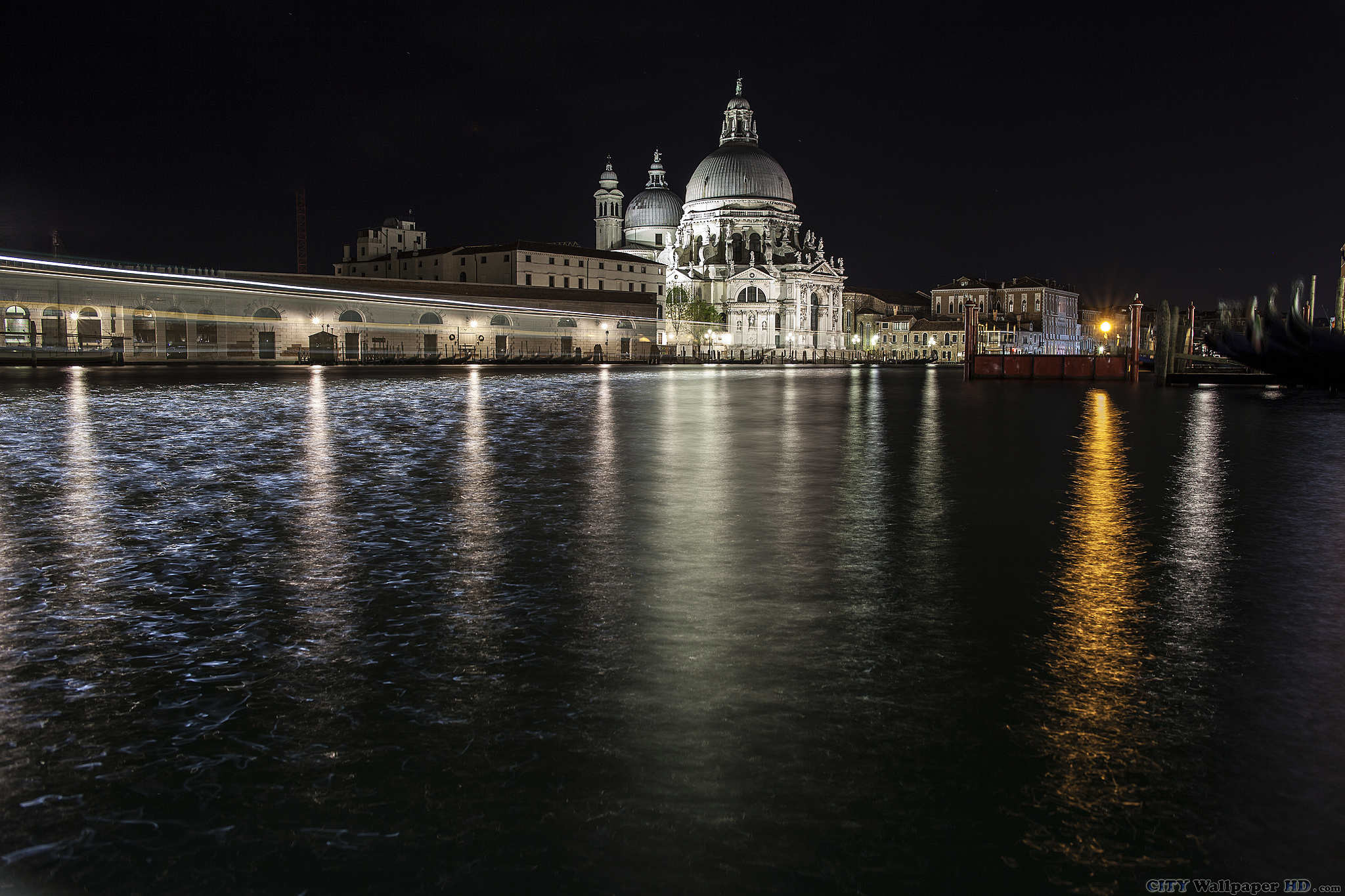 Santa Maria della Salute, Venezia, Canal Grande, Notte, Full HD, wallpaper desktop