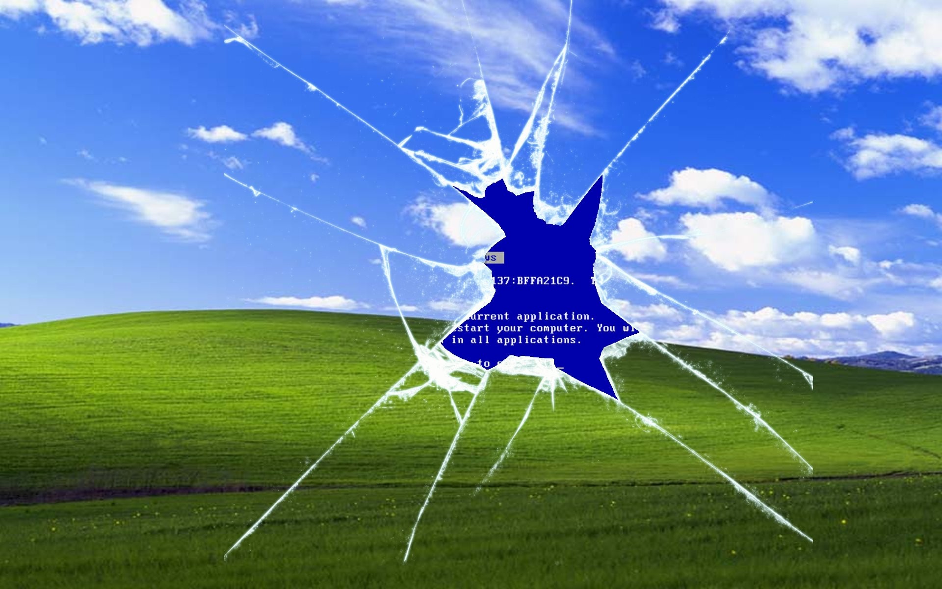Bliss, Windows XP, Schermata blu, Vetro rotto, Parodia, 16:10 Full HD, sfondo widescreen