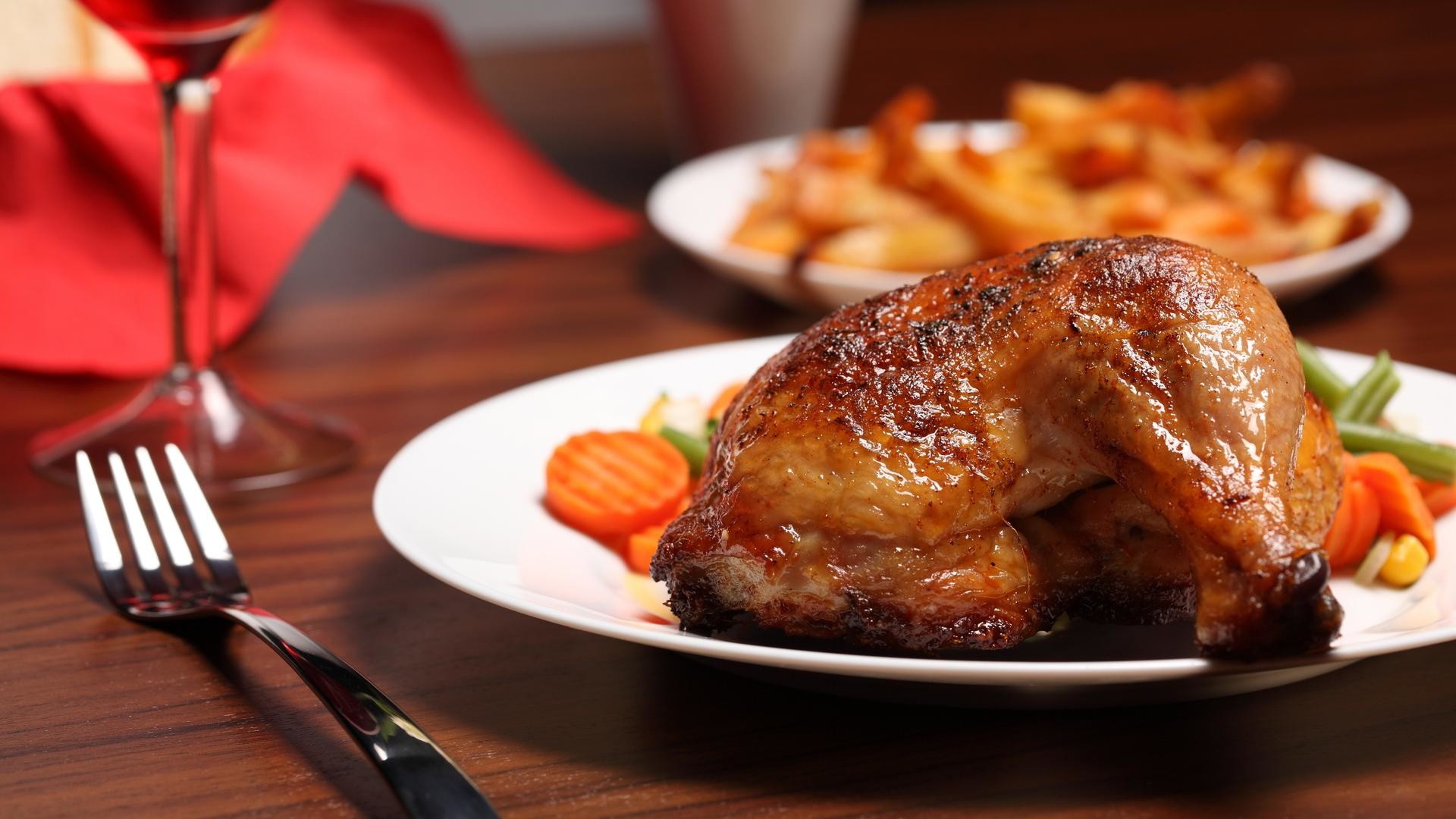 Pollo arrosto, Patatine fritte, Cena, Forchetta, 1920x1080, wallpaper desktop