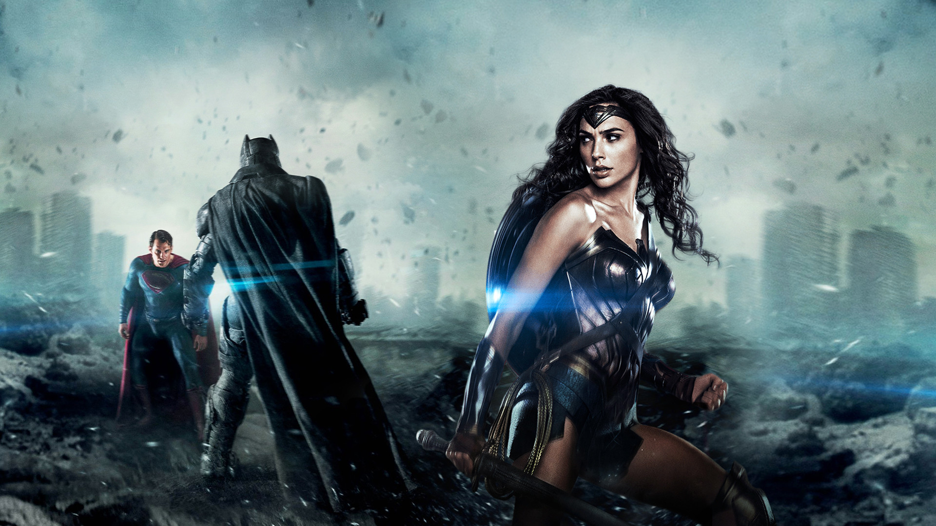 Batman, Wonder Woman, Superman, Gal Gadot, Città distrutta, Full HD, sfondo per PC e portatile