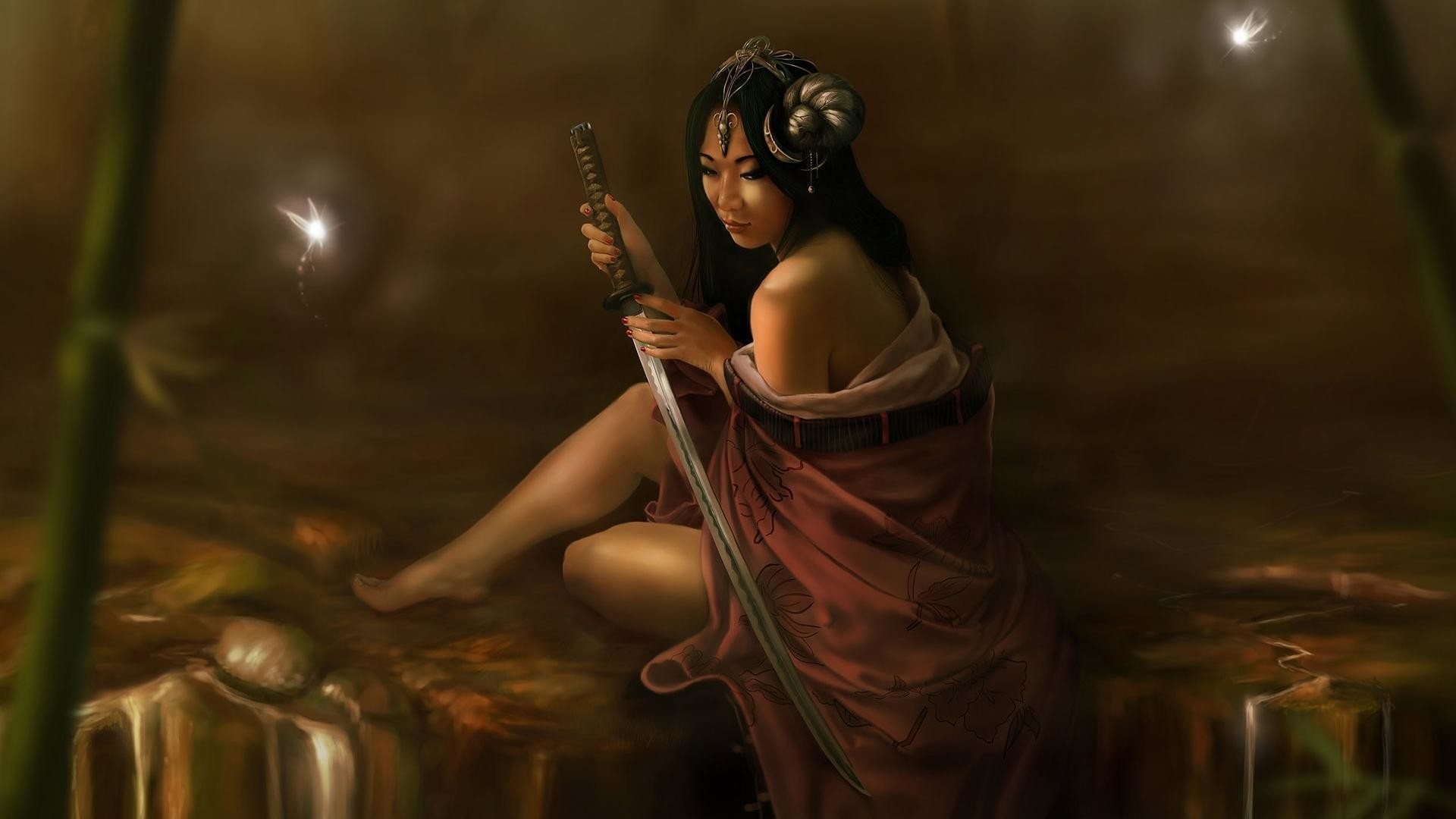 Guerriera, Katana, Bambù, Pittura digitale, 1920x1080, wallpaper desktop