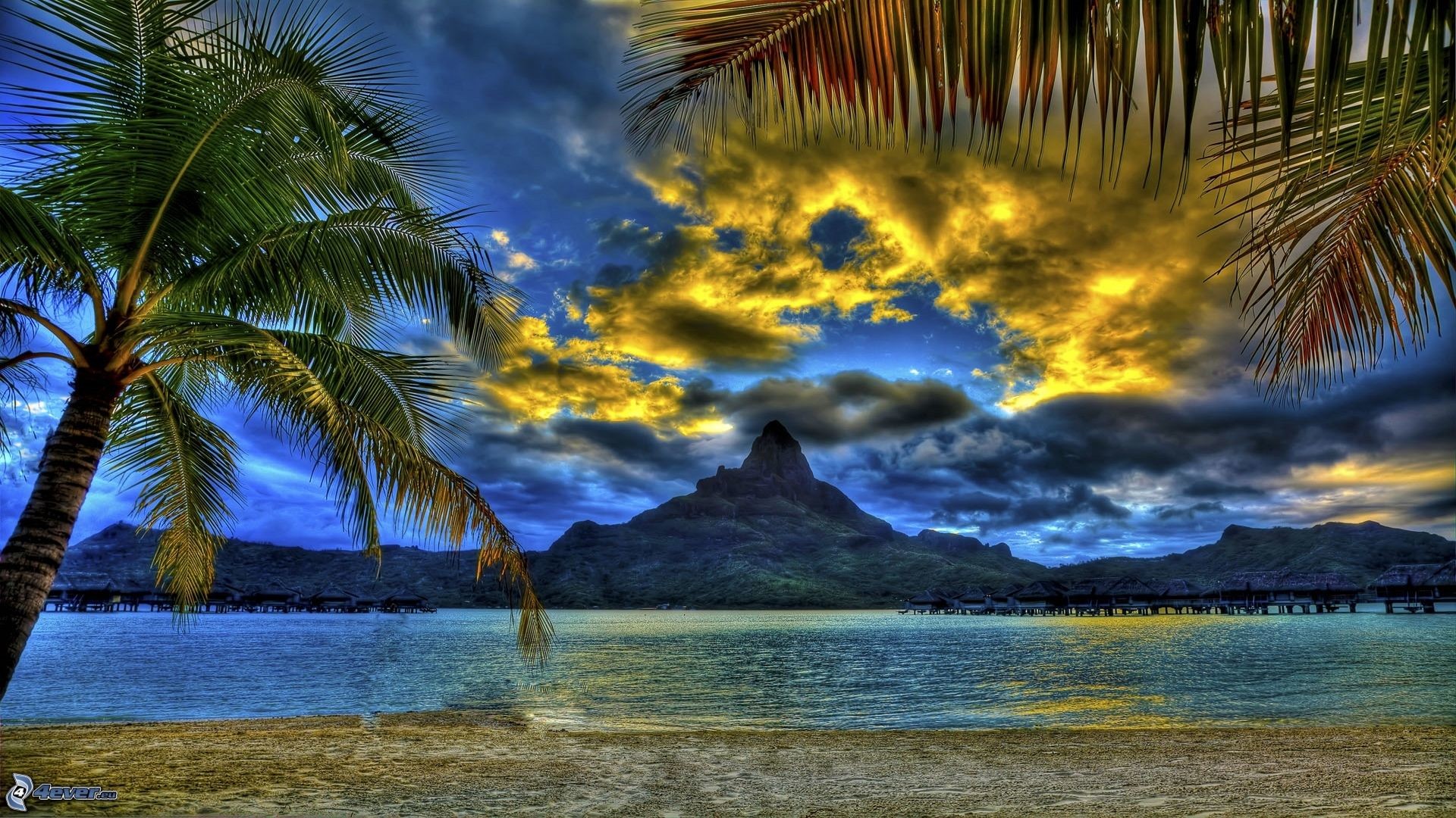 Bora Bora, Monte Otemanu, Palme, HDR, Nuvole drammatiche, 1920x1080, sfondo per PC