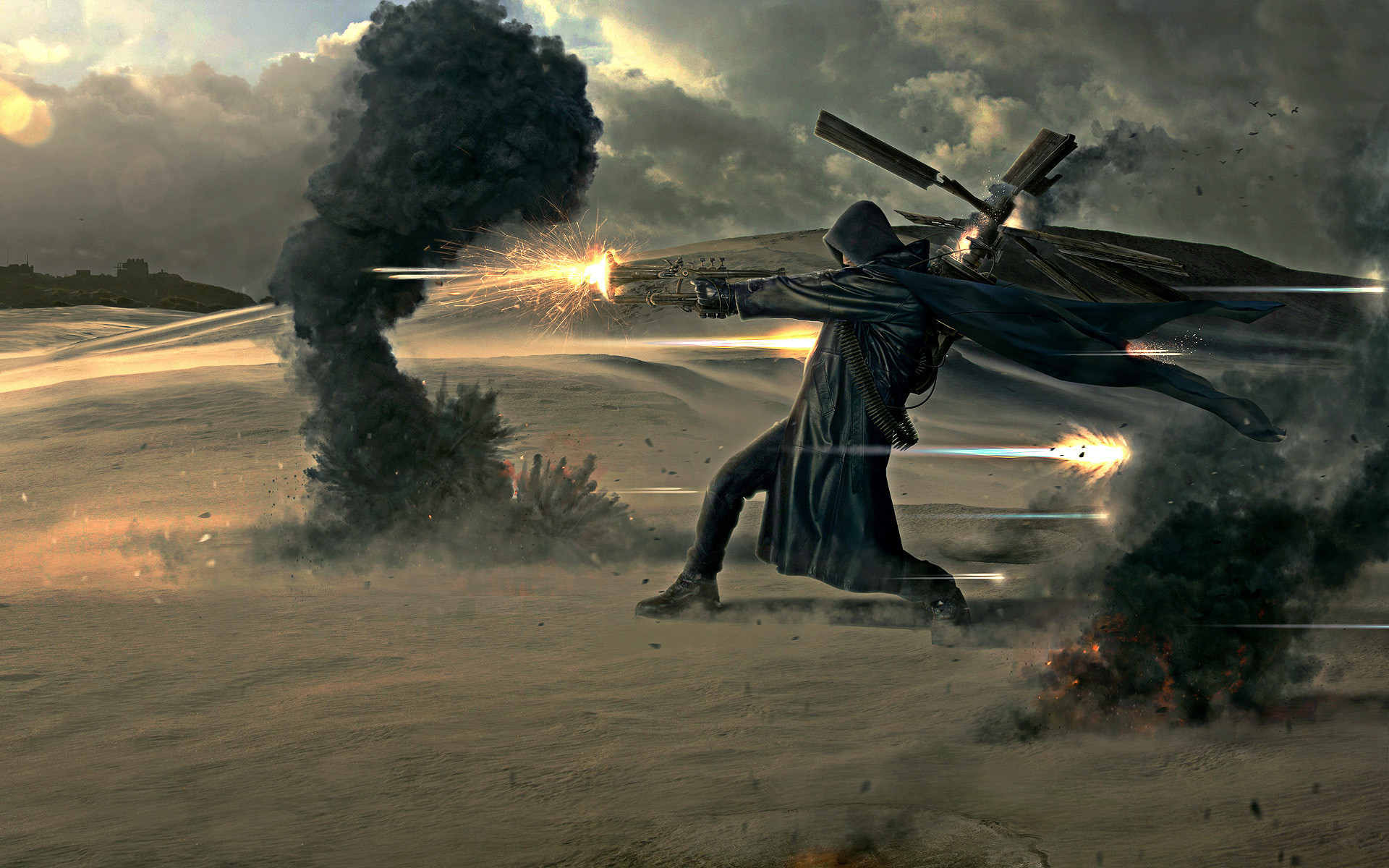 Pistolero, Elicottero, Esplosione, Deserto, Steampunk, 1920x1200, sfondo MacBook Pro