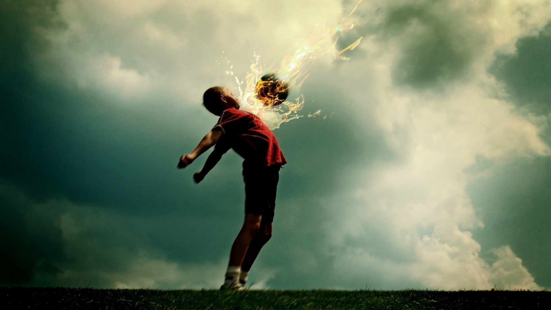 Calciatore, Pallone in fiamme, Nuvole, Arte digitale, Full HD, sfondo desktop