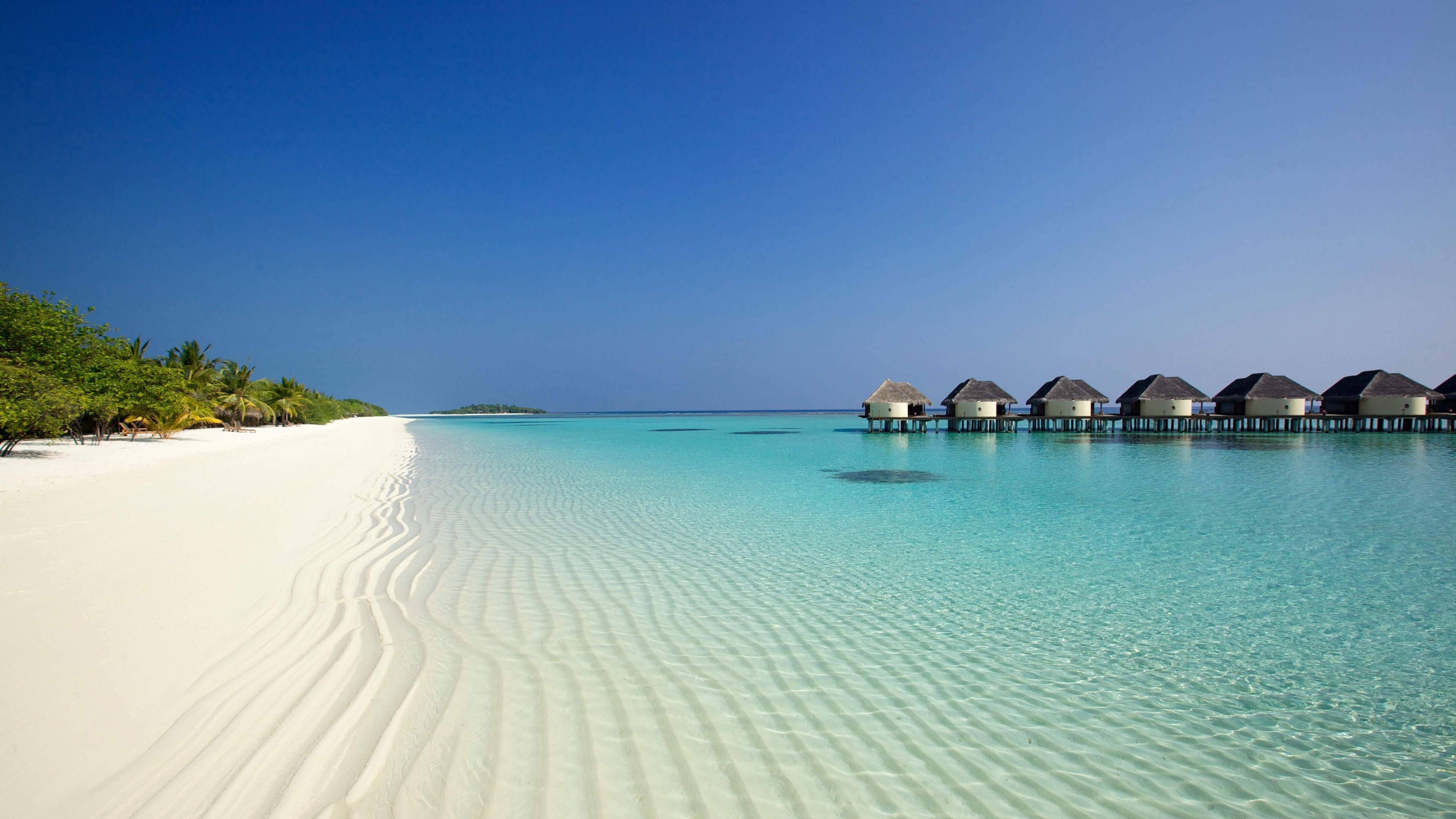 Maldive, Bungalow sull'acqua, Sabbia bianca, Laguna, 4K, sfondo desktop