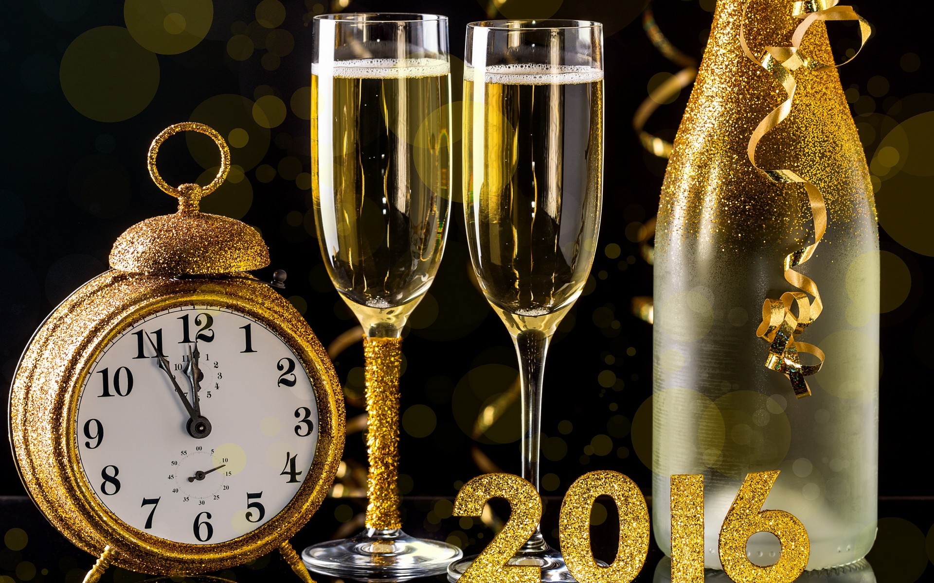 Capodanno 2016, Orologio, Mezzanotte, Calici di champagne, 1920x1200, immagine di sfondo