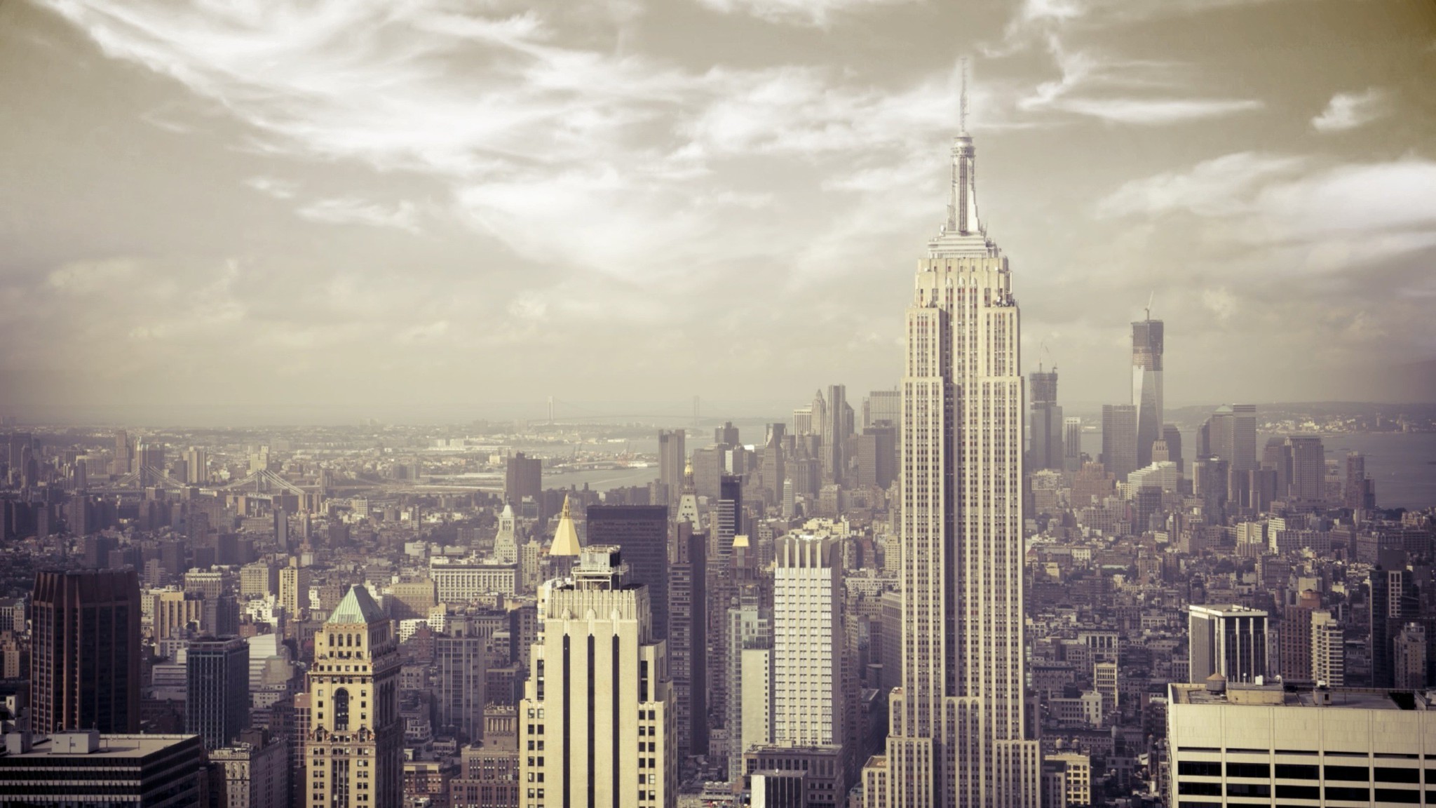 Empire State Building, Manhattan, Nuvole, Effetto vintage, Full HD, sfondo per PC e portatile