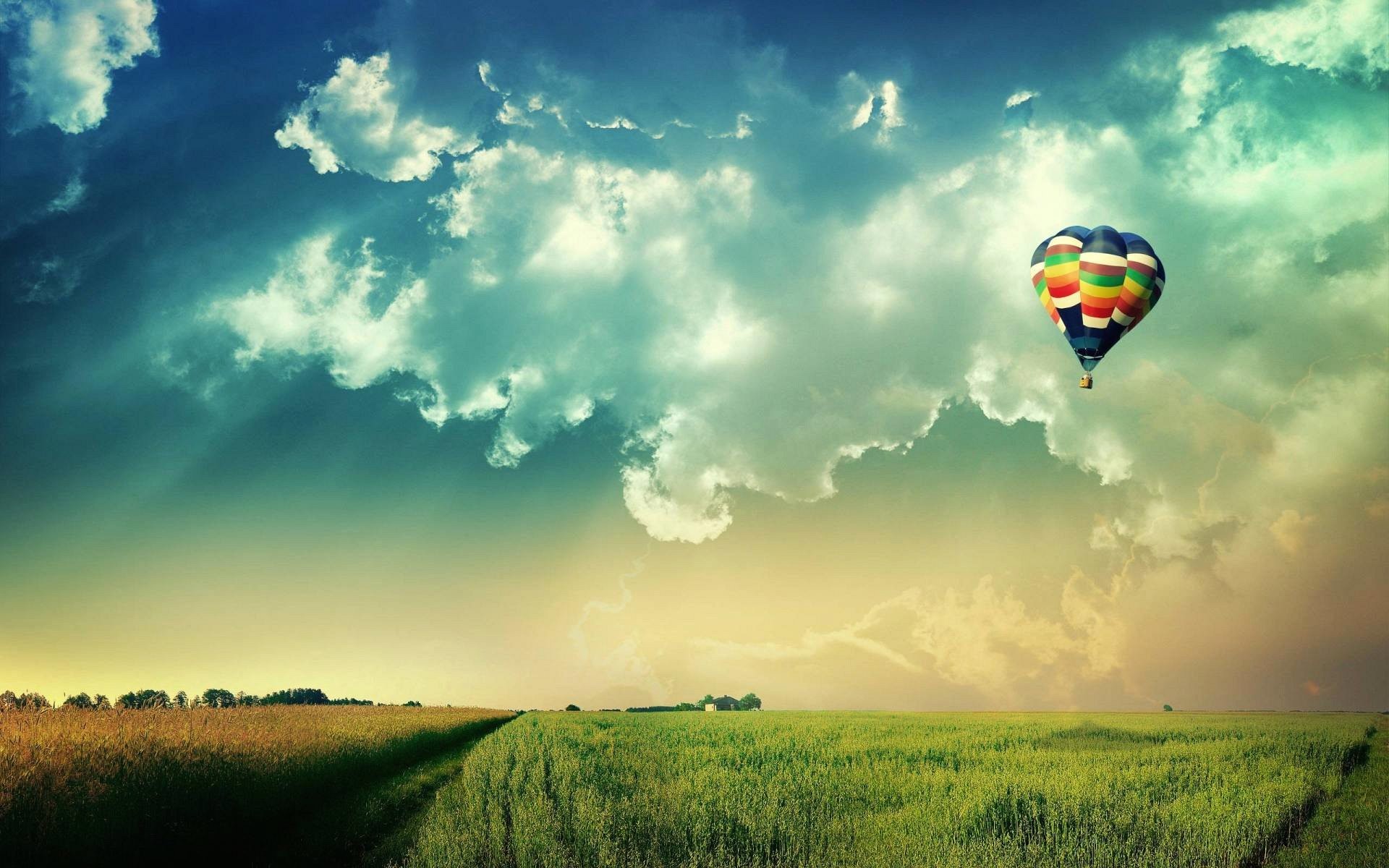 Mongolfiera, Campo verde, Nuvole, Cielo, Luce solare, 1920x1200, immagine di sfondo