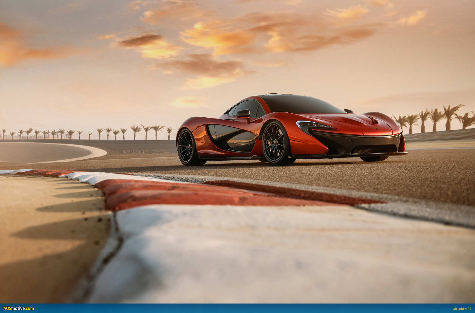 McLaren P1, Arancione, Circuito, Tramonto, Full HD, sfondo per portatile