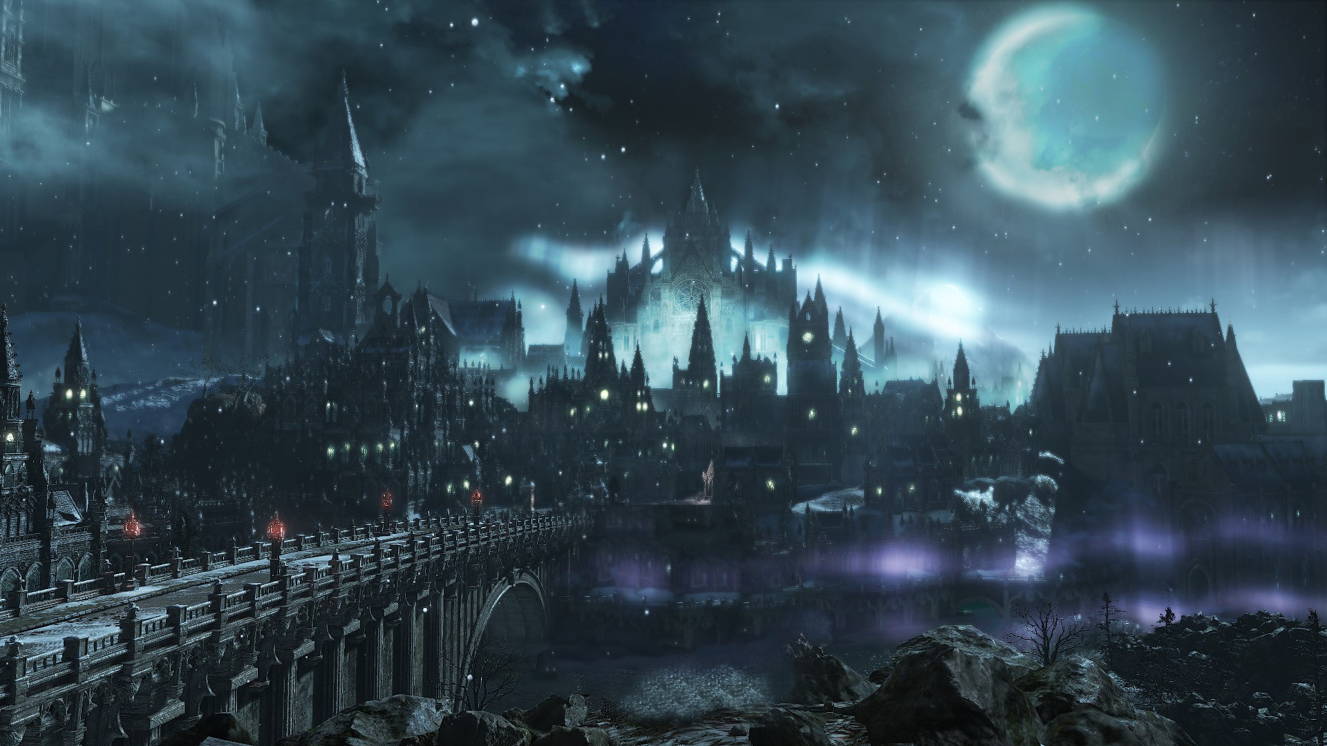 Irithyll della Valle Boreale, Dark Souls III, Luna, Notte, 1920x1080, sfondo per PC