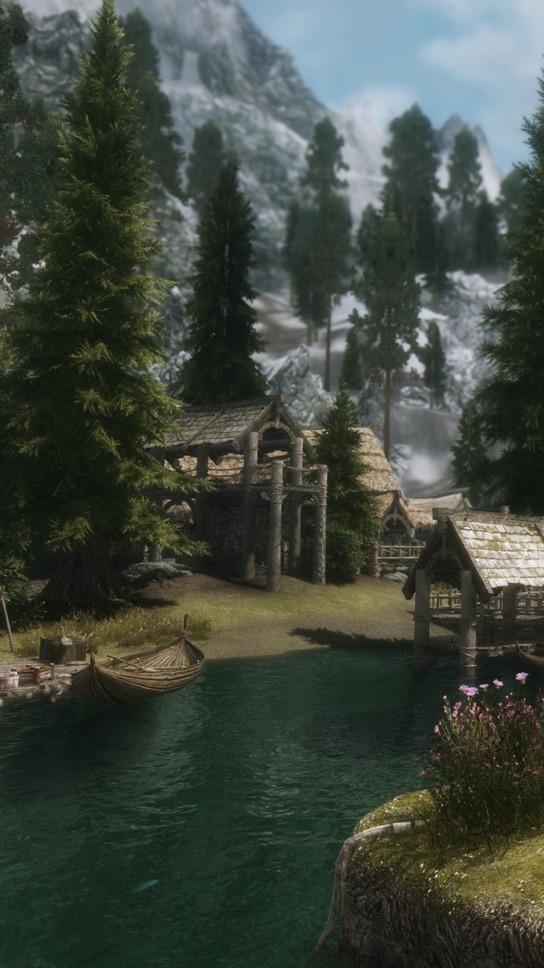 The Elder Scrolls V: Skyrim, Riverwood, Fiume, Pini, Full HD, schermata di blocco del cellulare