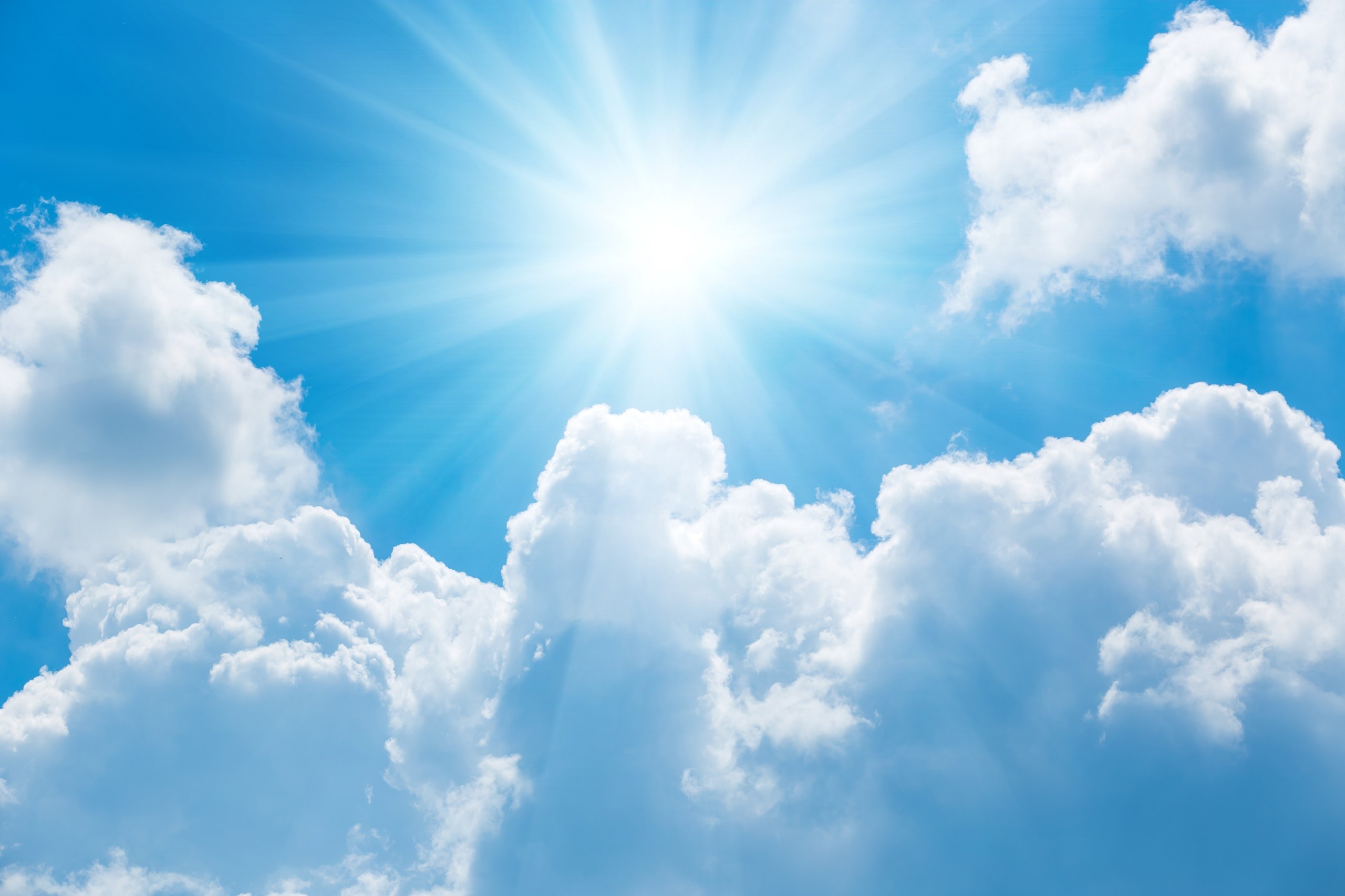 Sole, Raggi di sole, Cumuli, Cielo azzurro, 2K, sfondo Windows 11