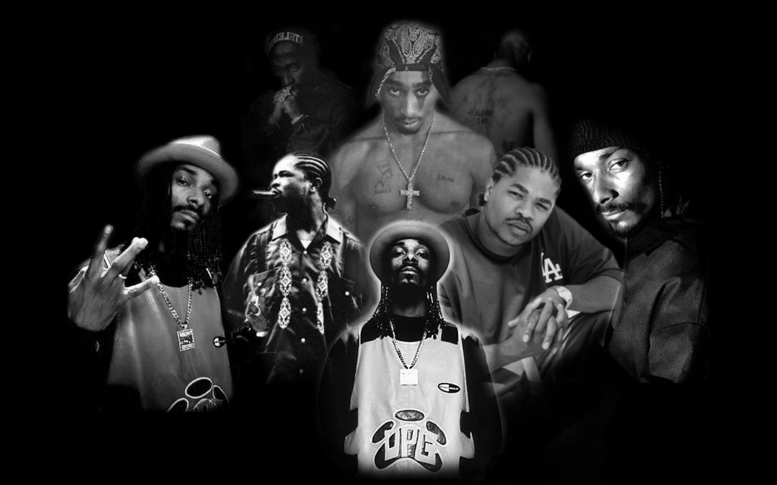 Tupac Shakur, Snoop Dogg, Rapper, Collage, Bianco e nero, 16:10 2K, sfondo widescreen