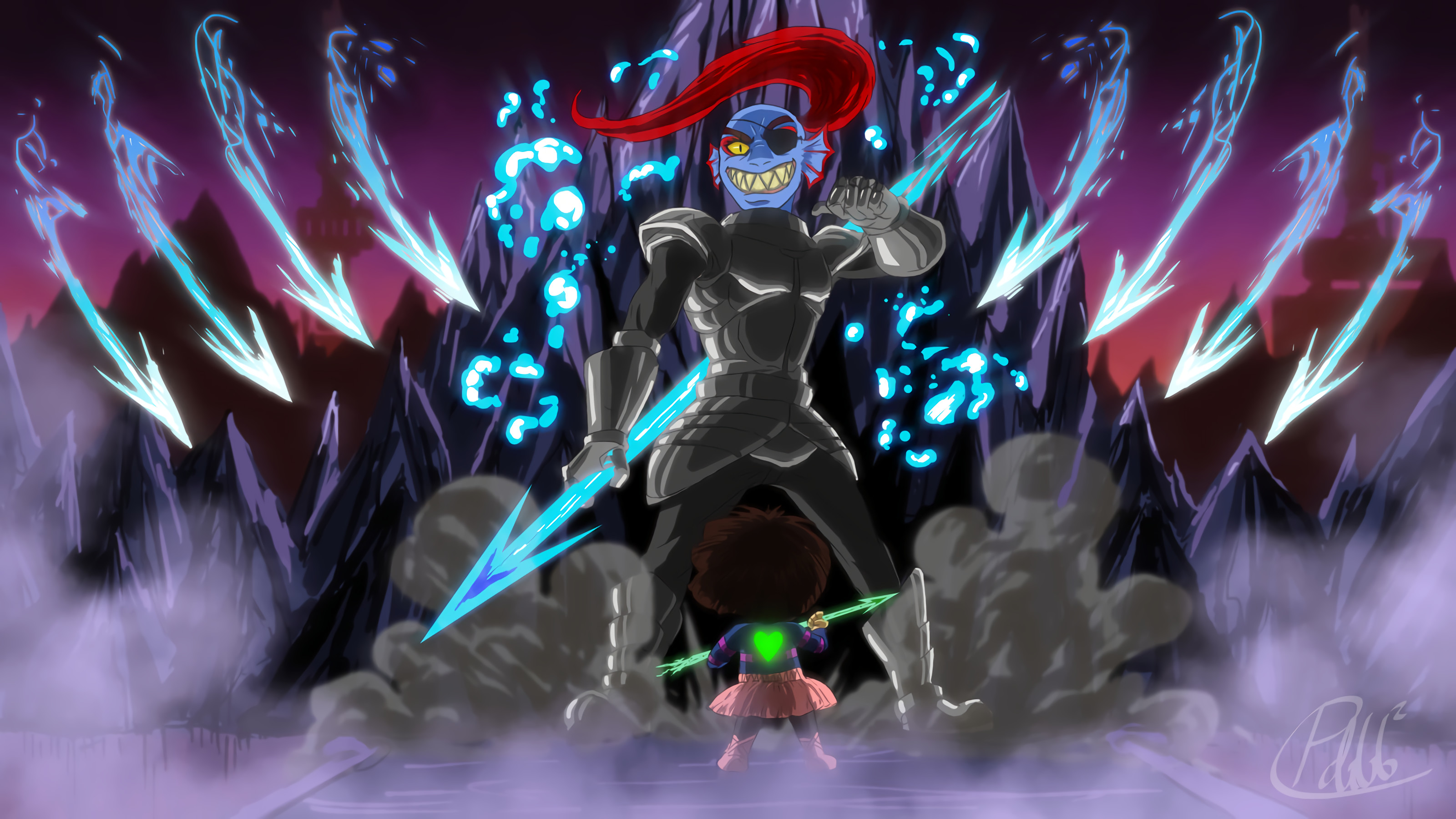 Undyne, Frisk, Undertale, Lance, Battaglia, 2K, sfondo Windows 11