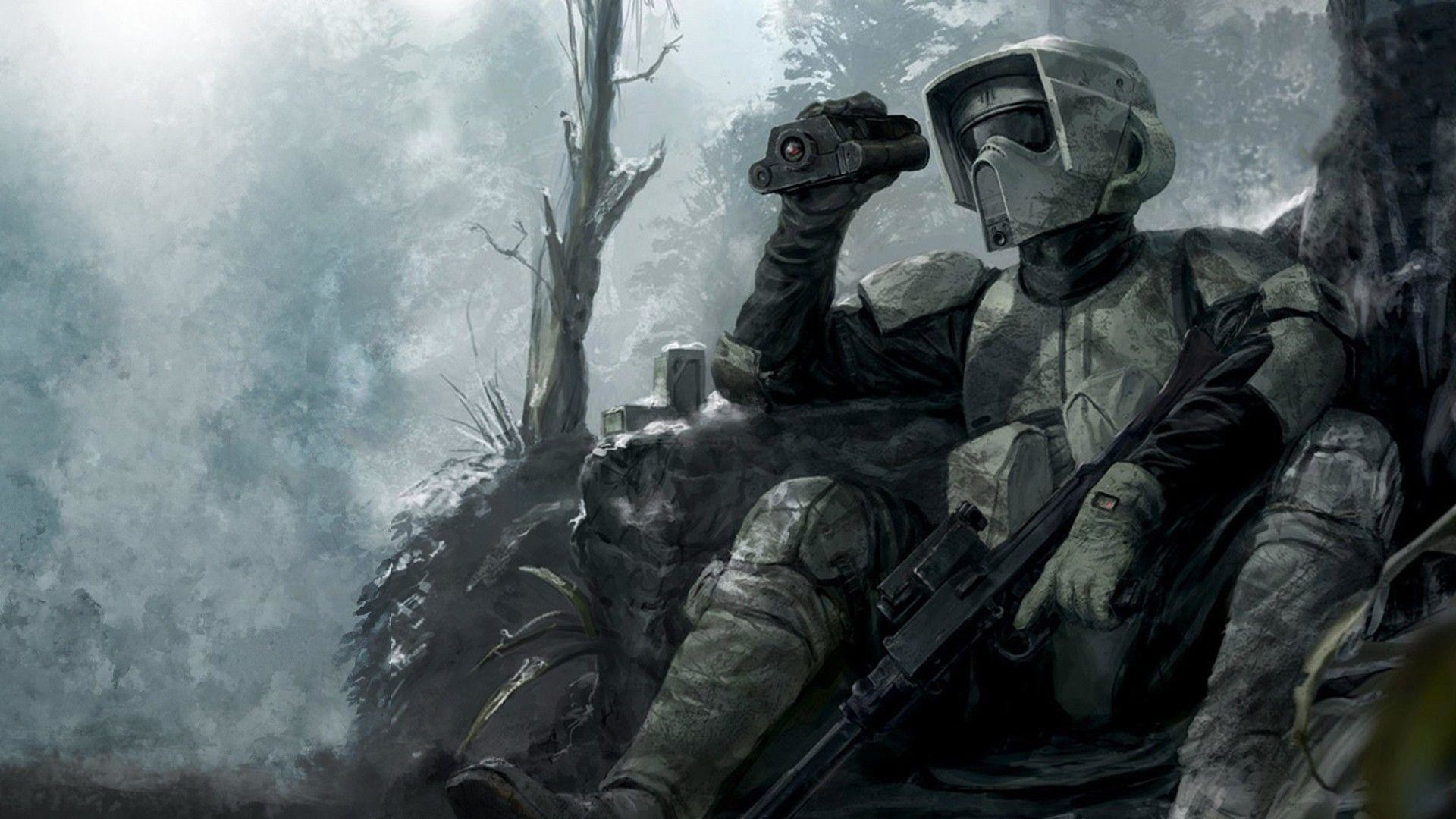 Scout Trooper, Star Wars, Foresta, Arte digitale, 16:9 Full HD, sfondo widescreen