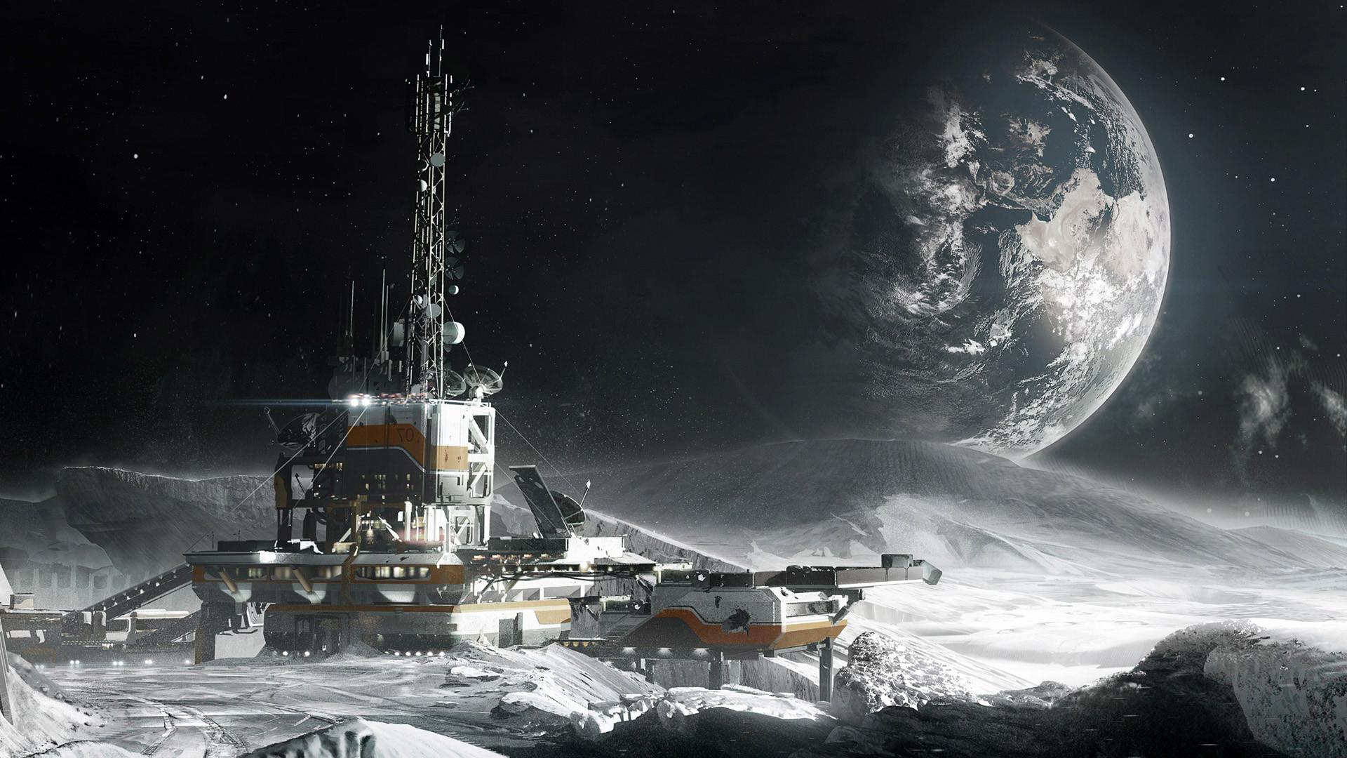 Destiny, Luna, Base lunare, Terra, Bianco e nero, 1920x1080, immagine di sfondo