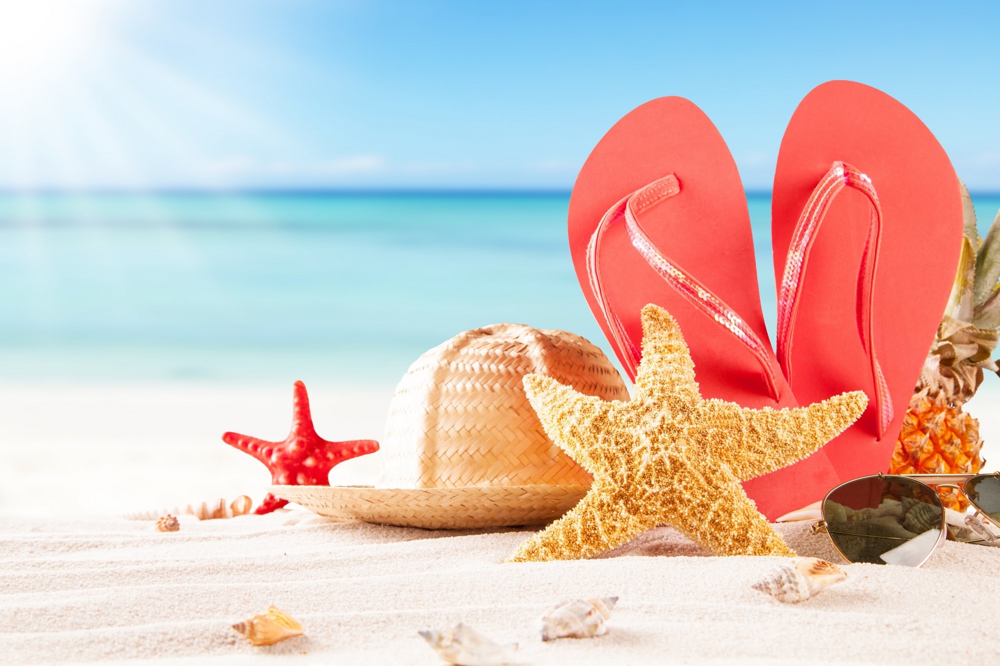 Infradito, Stella marina, Cappello di paglia, Spiaggia, Estate, Full HD, sfondo Windows 11
